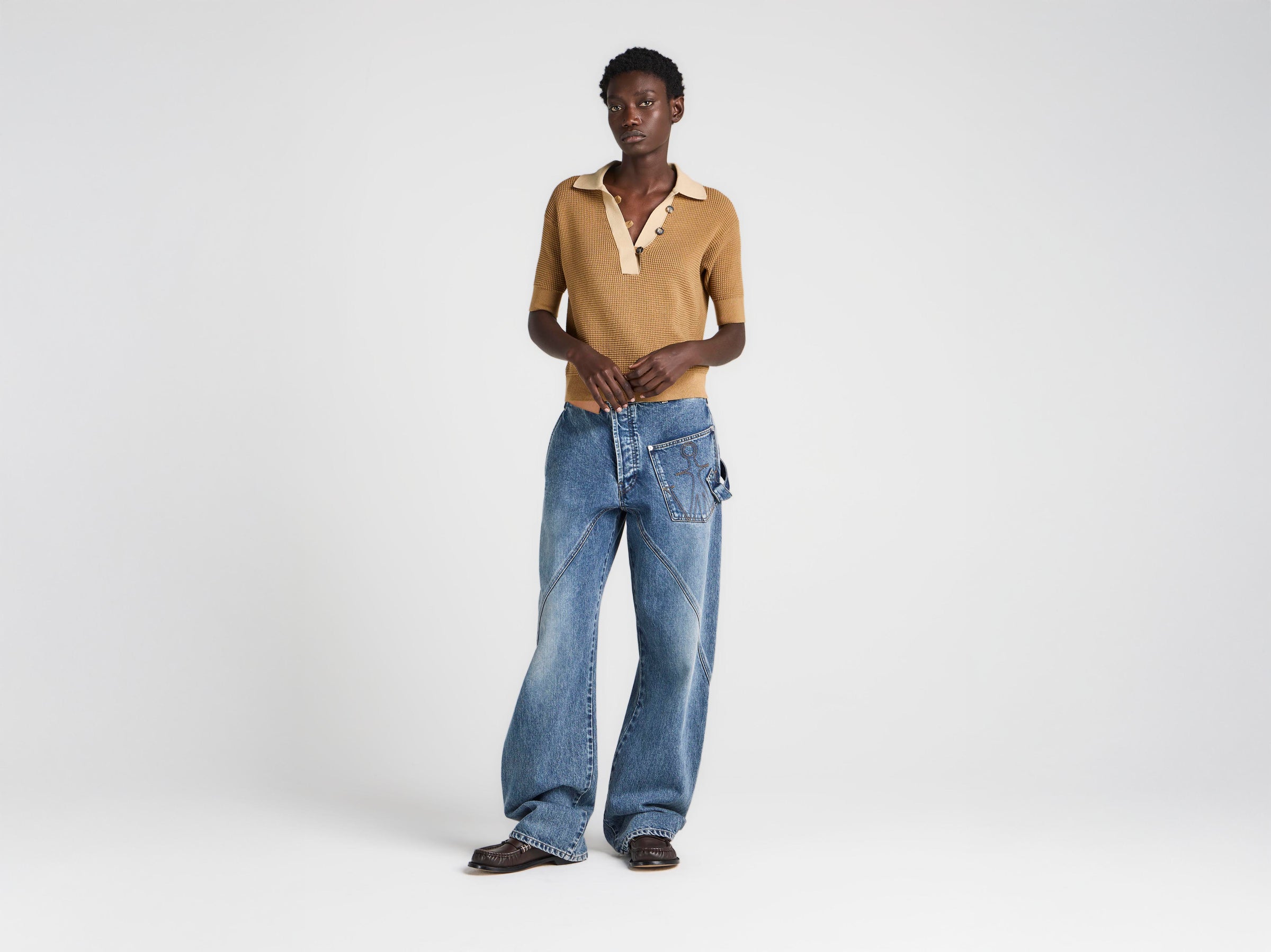 WOMENS KNITTED POLO TOP IN BUTTERSCOTCH