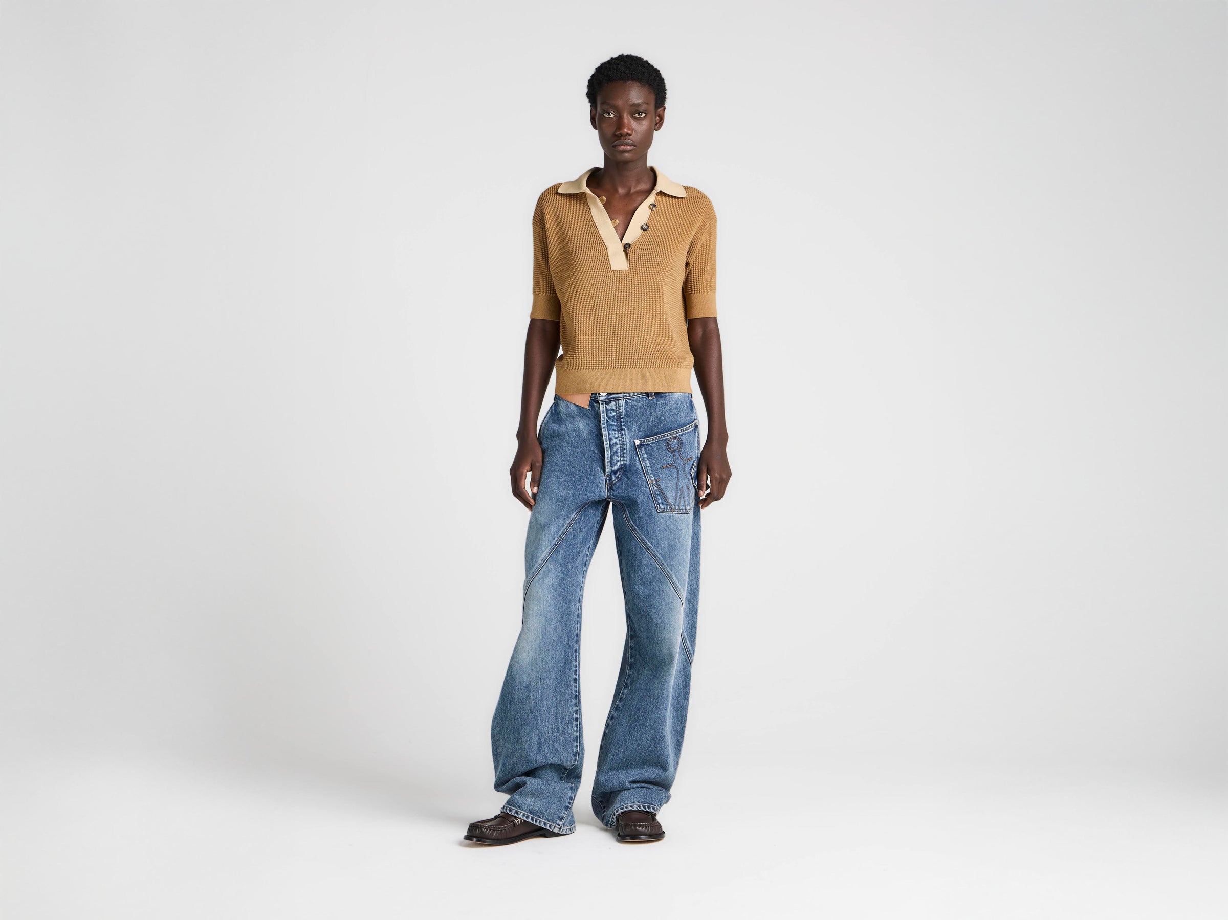 WOMENS KNITTED POLO TOP IN BUTTERSCOTCH