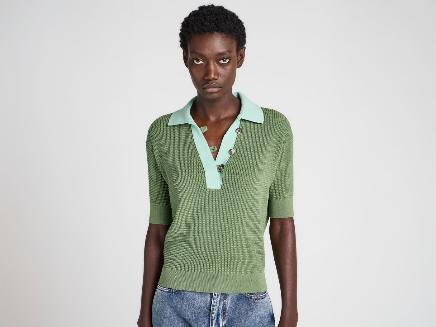 WOMENS KNITTED POLO TOP IN PEPPERMINT