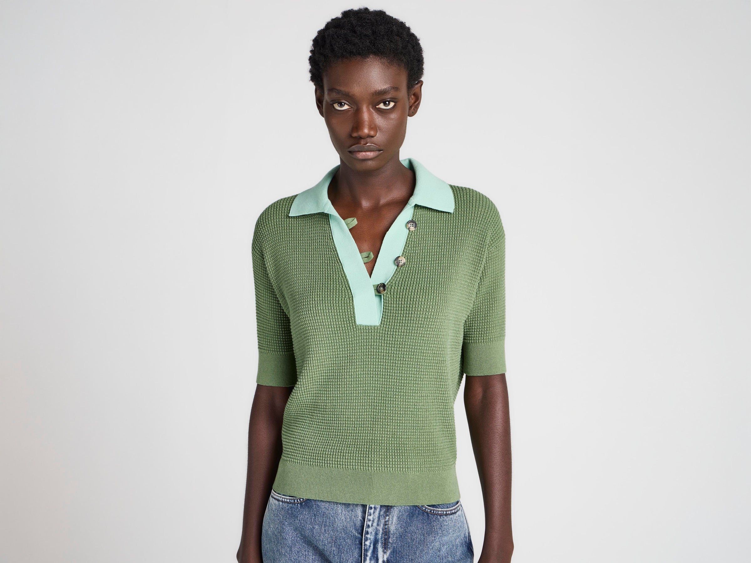 WOMENS KNITTED POLO TOP IN PEPPERMINT