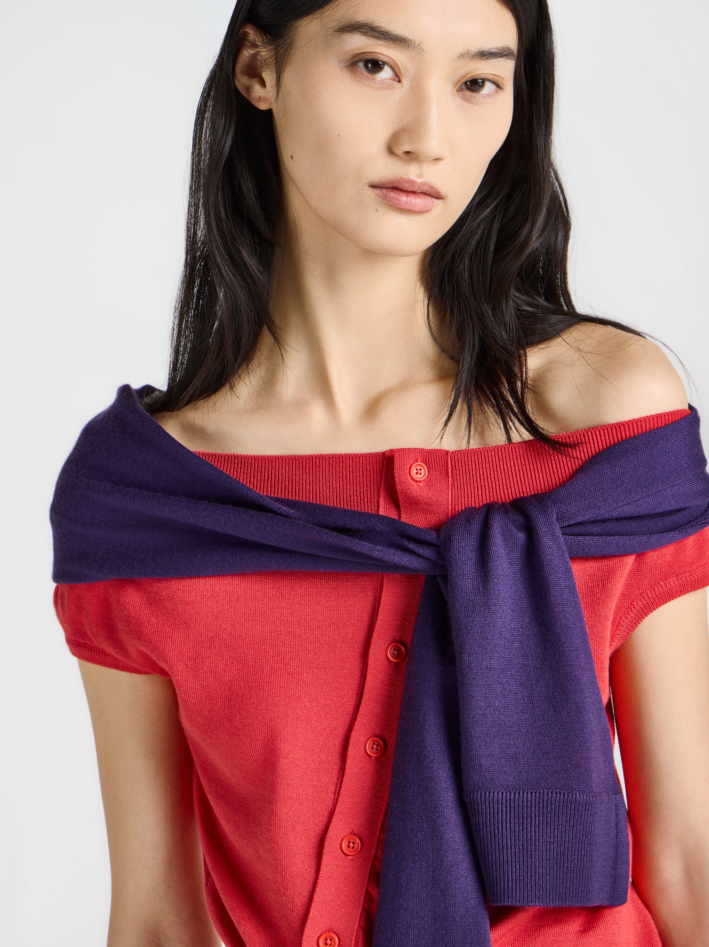 WOMENS OFF SHOULDER TANK TOP IN RED & VIOLET