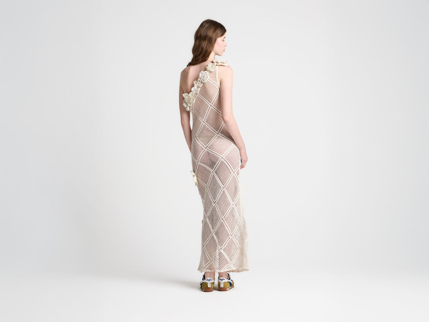 WOMENS FLORAL CROCHET DRESS IN LIMESTONE