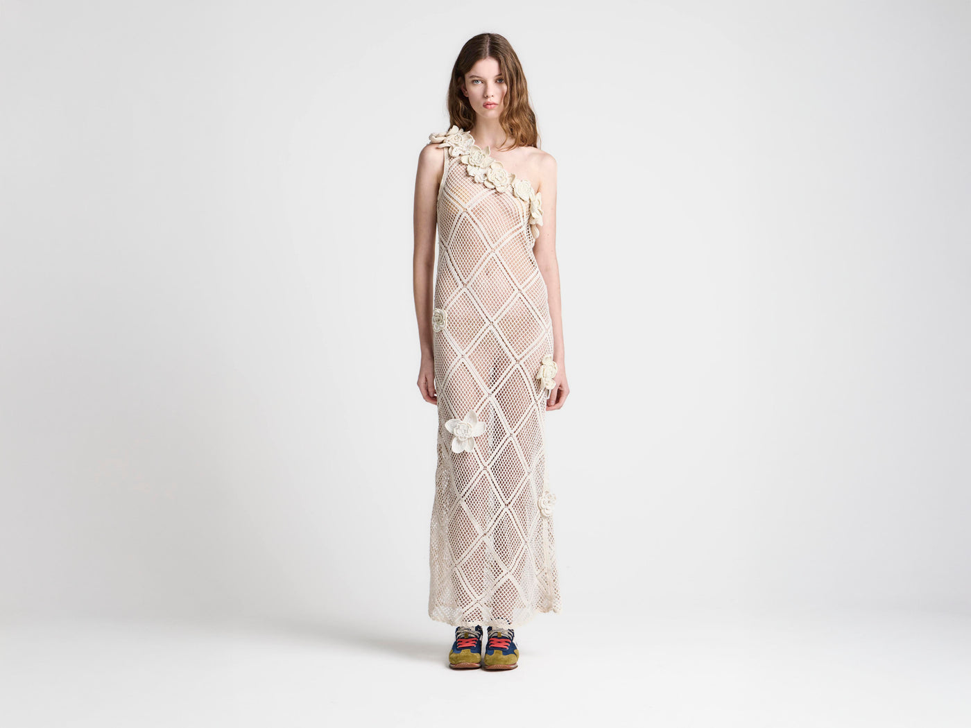 WOMENS FLORAL CROCHET DRESS IN LIMESTONE