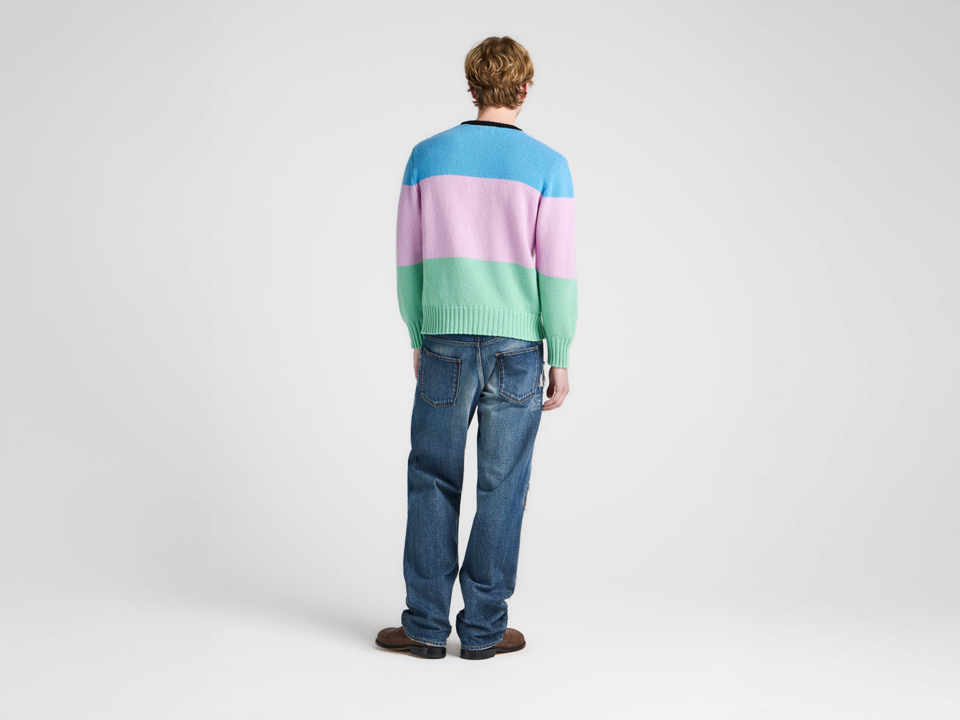 MENS KNITTED STRIPE JUMPER IN CORNFLOWER BLUE