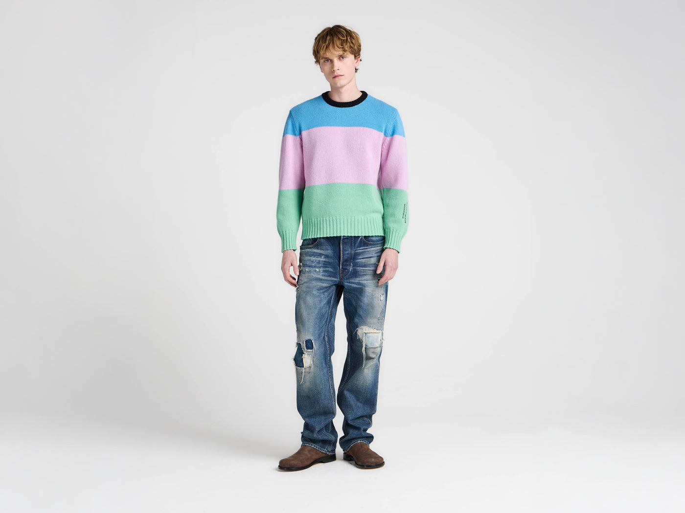 MENS KNITTED STRIPE JUMPER IN CORNFLOWER BLUE