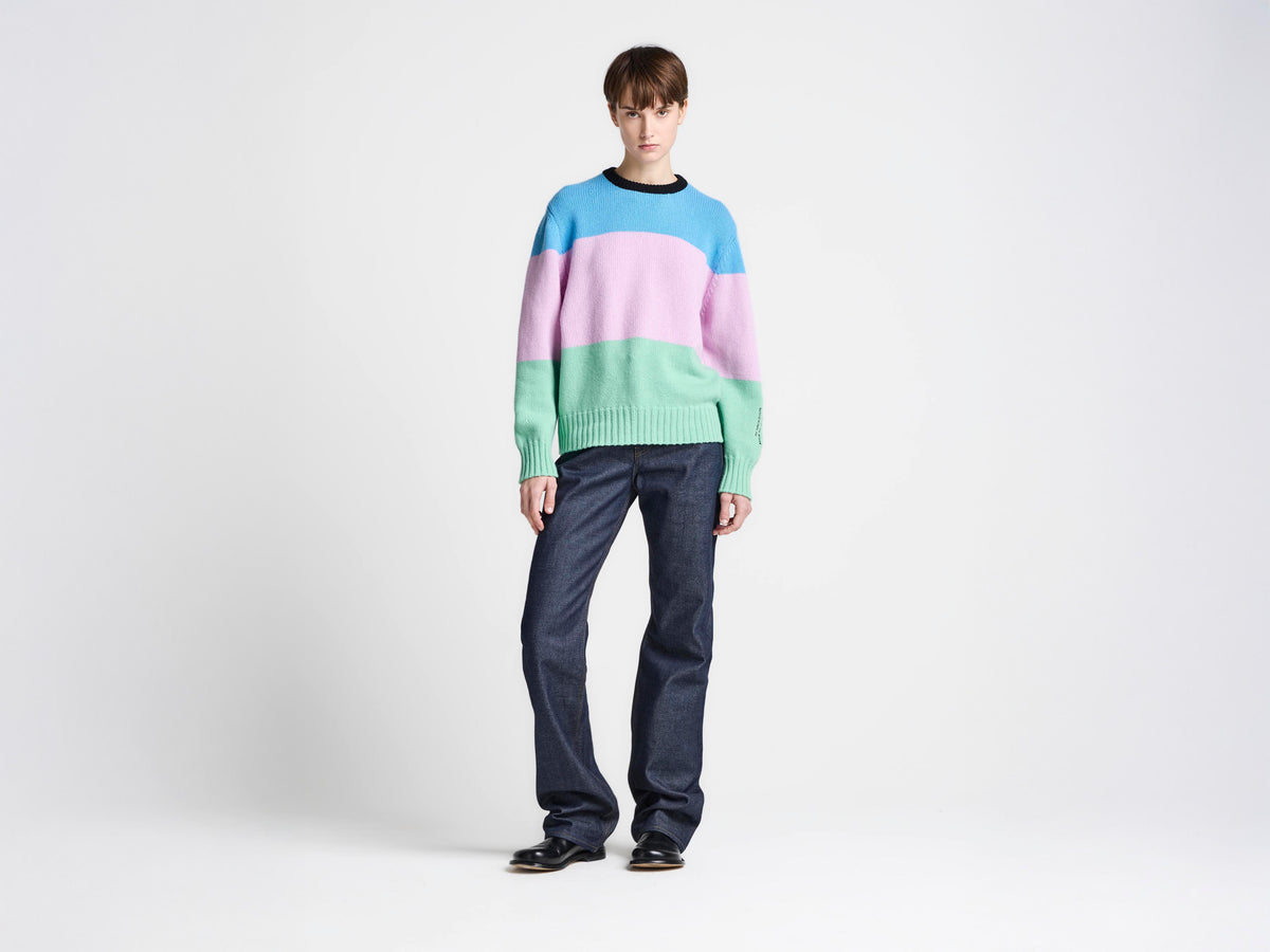 WOMENS KNITTED STRIPE JUMPER IN CORNFLOWER BLUE