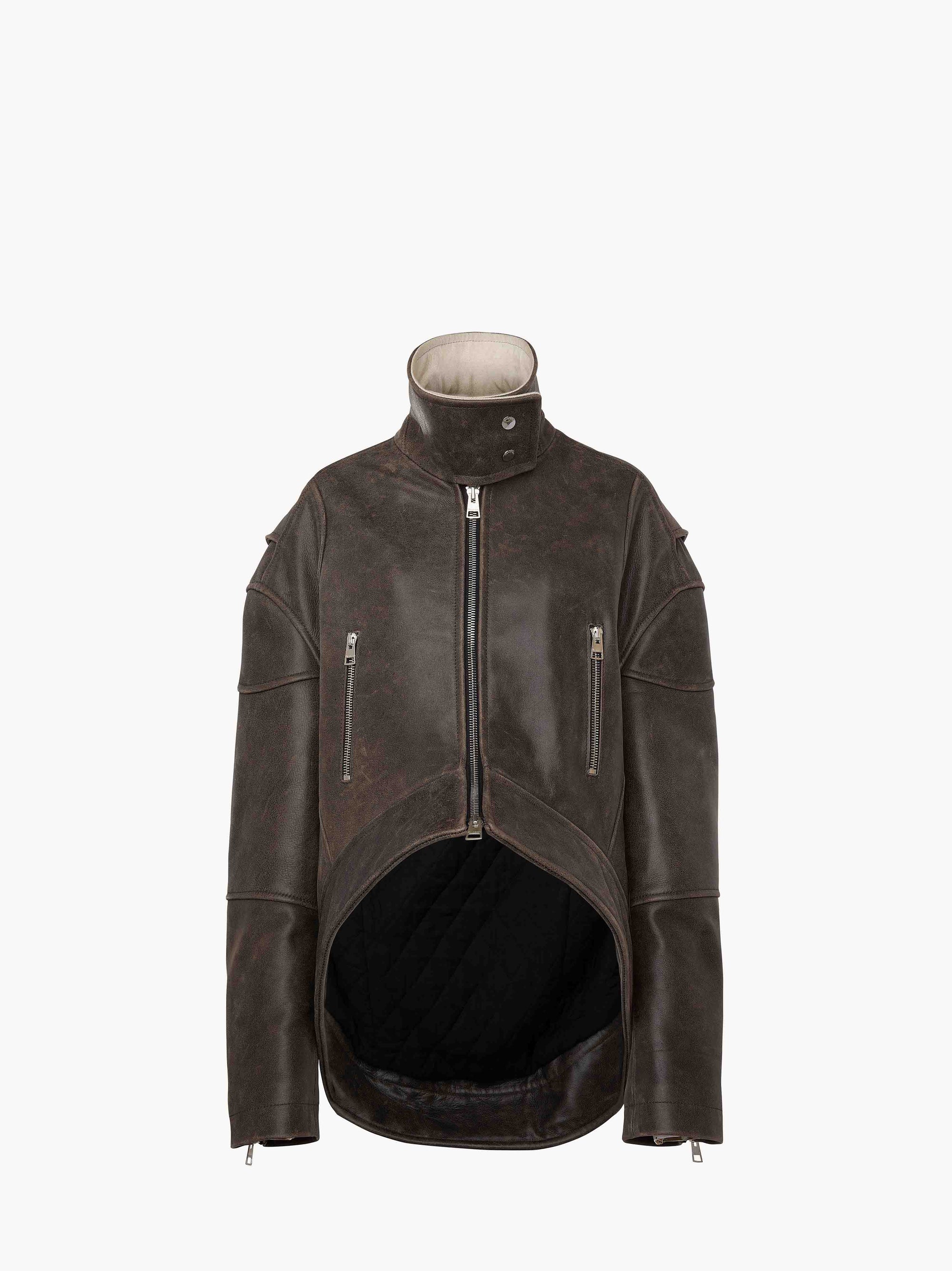 CURVED LEATHER HEM HIGH NECK JACKET