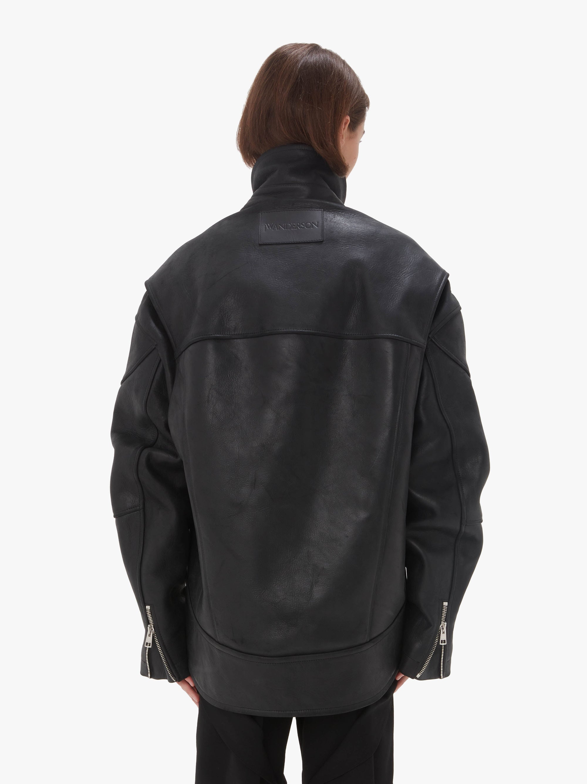 CURVED LEATHER HEM HIGH NECK JACKET