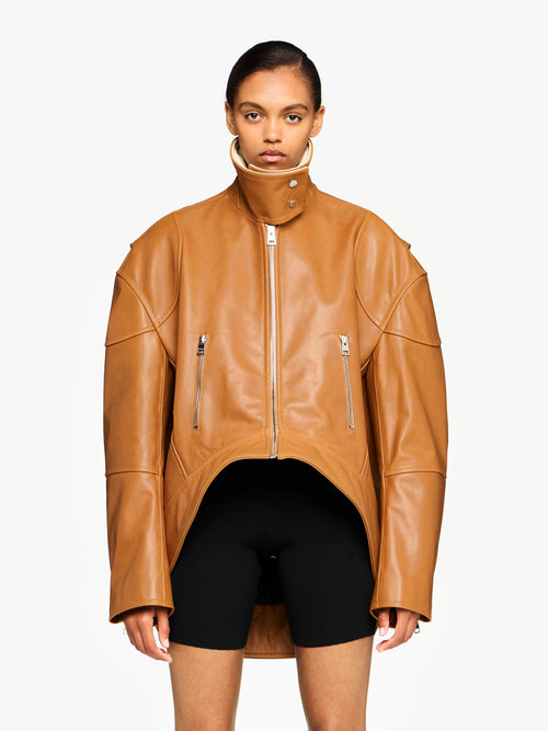 CURVED LEATHER HEM HIGH NECK JACKET