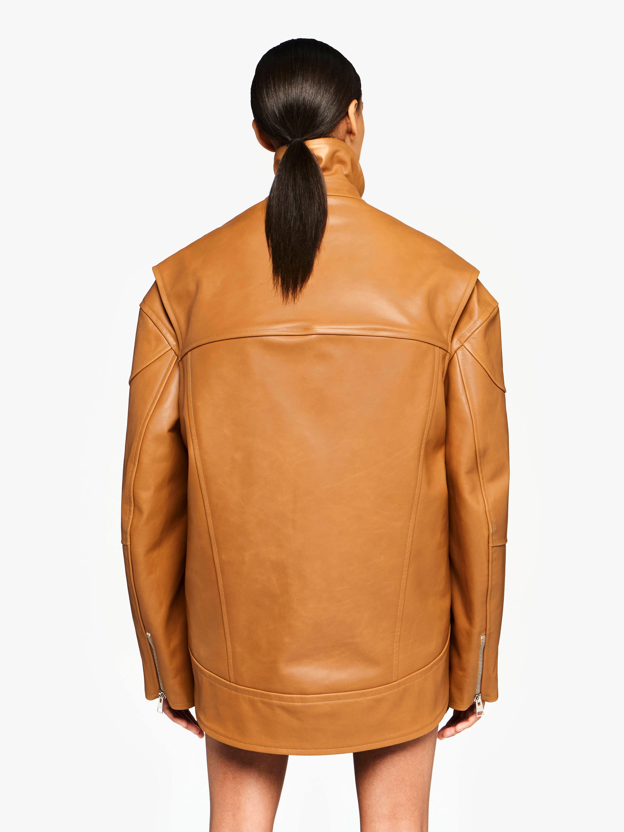 CURVED LEATHER HEM HIGH NECK JACKET