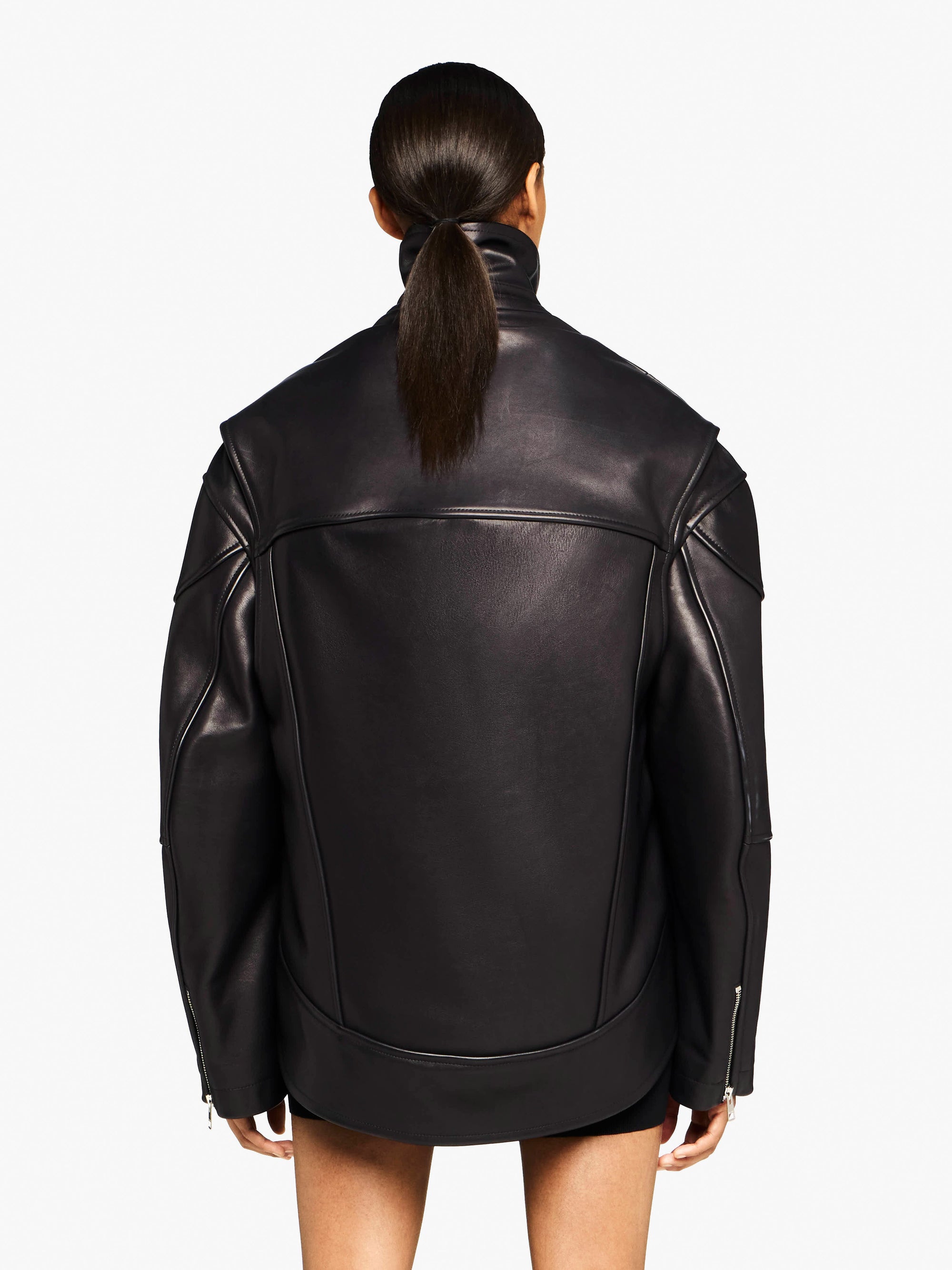 CURVED LEATHER HEM HIGH NECK JACKET