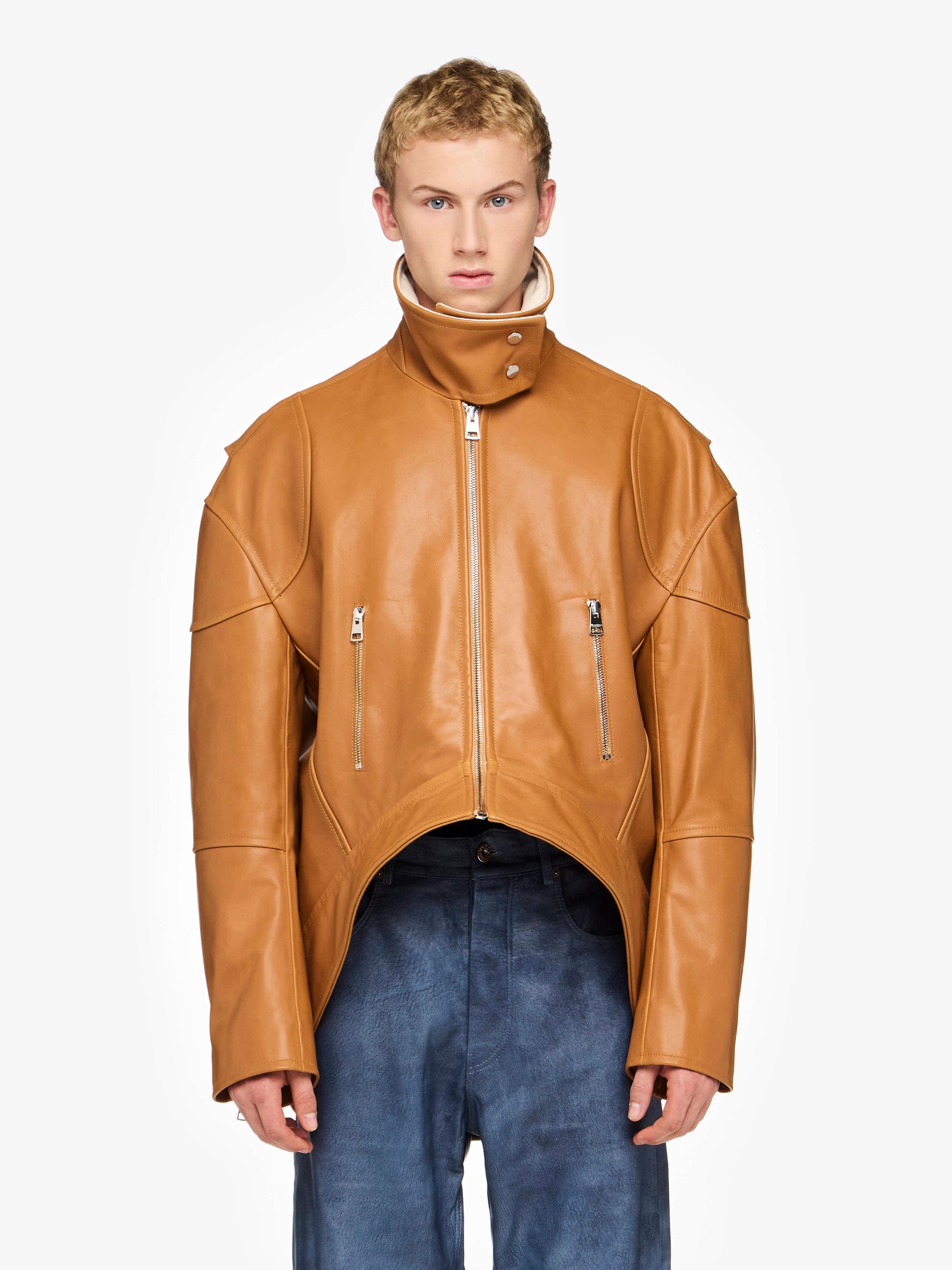 CURVED LEATHER HEM HIGH NECK JACKET