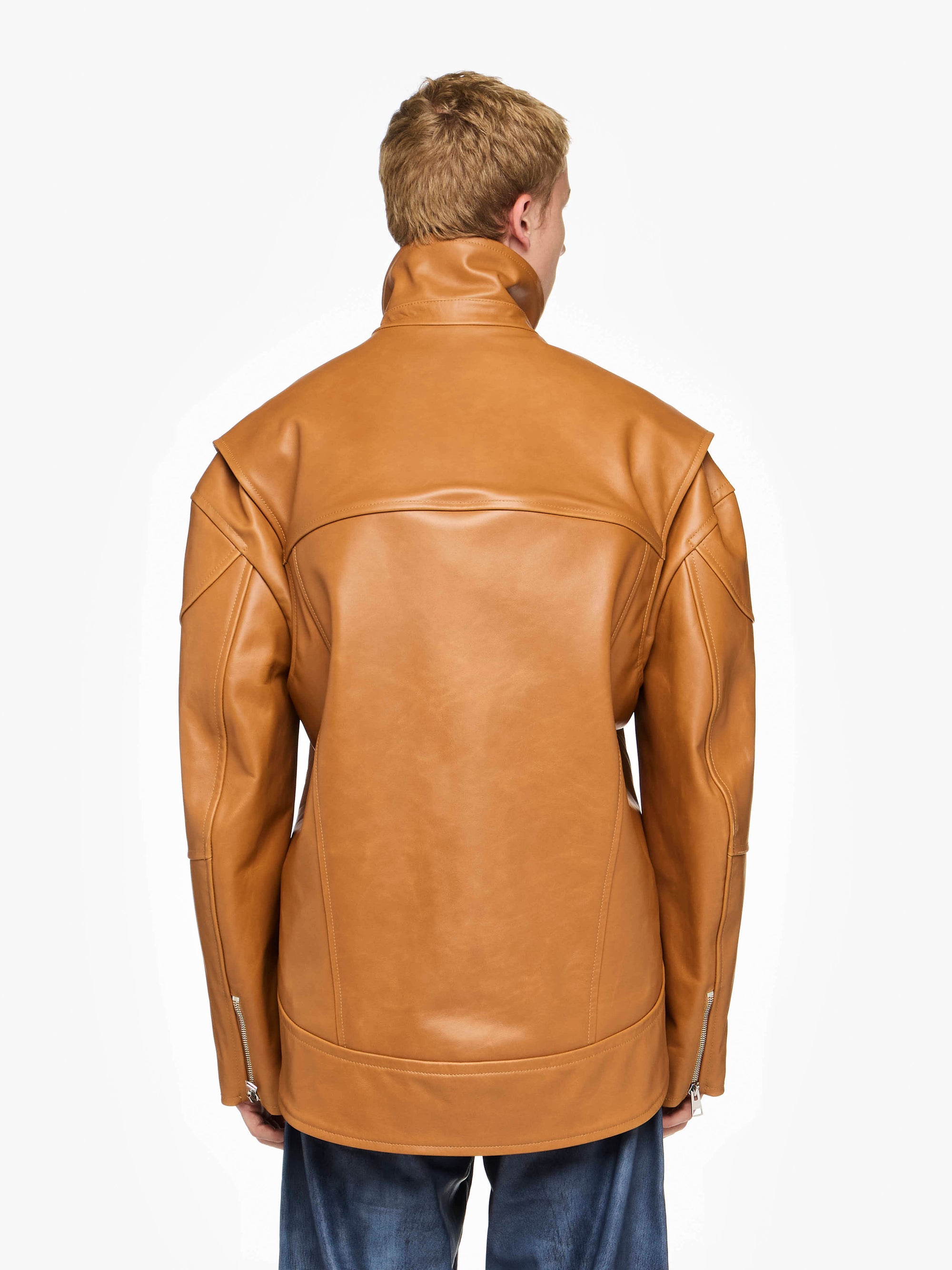 CURVED LEATHER HEM HIGH NECK JACKET