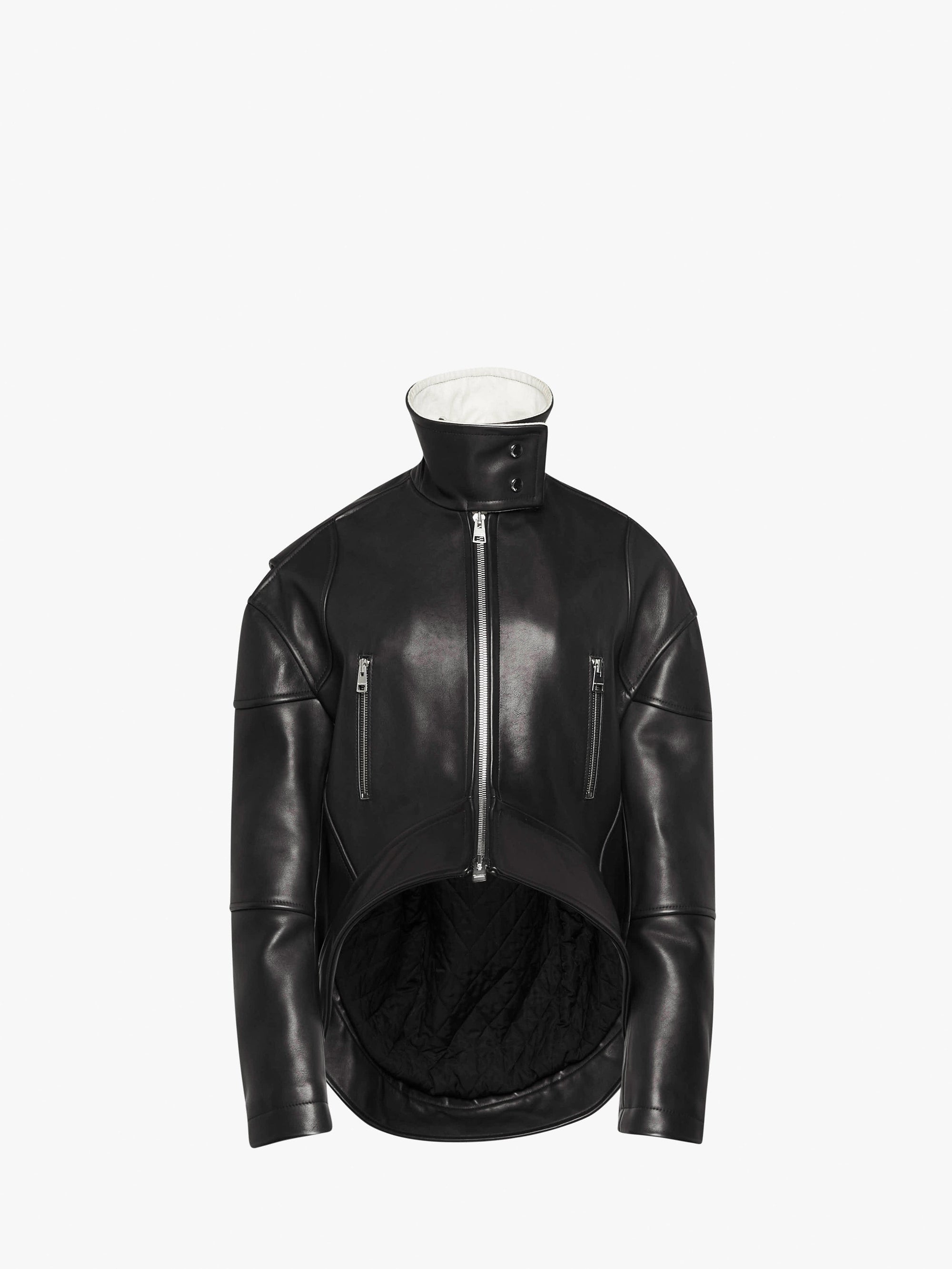 CURVED LEATHER HEM HIGH NECK JACKET