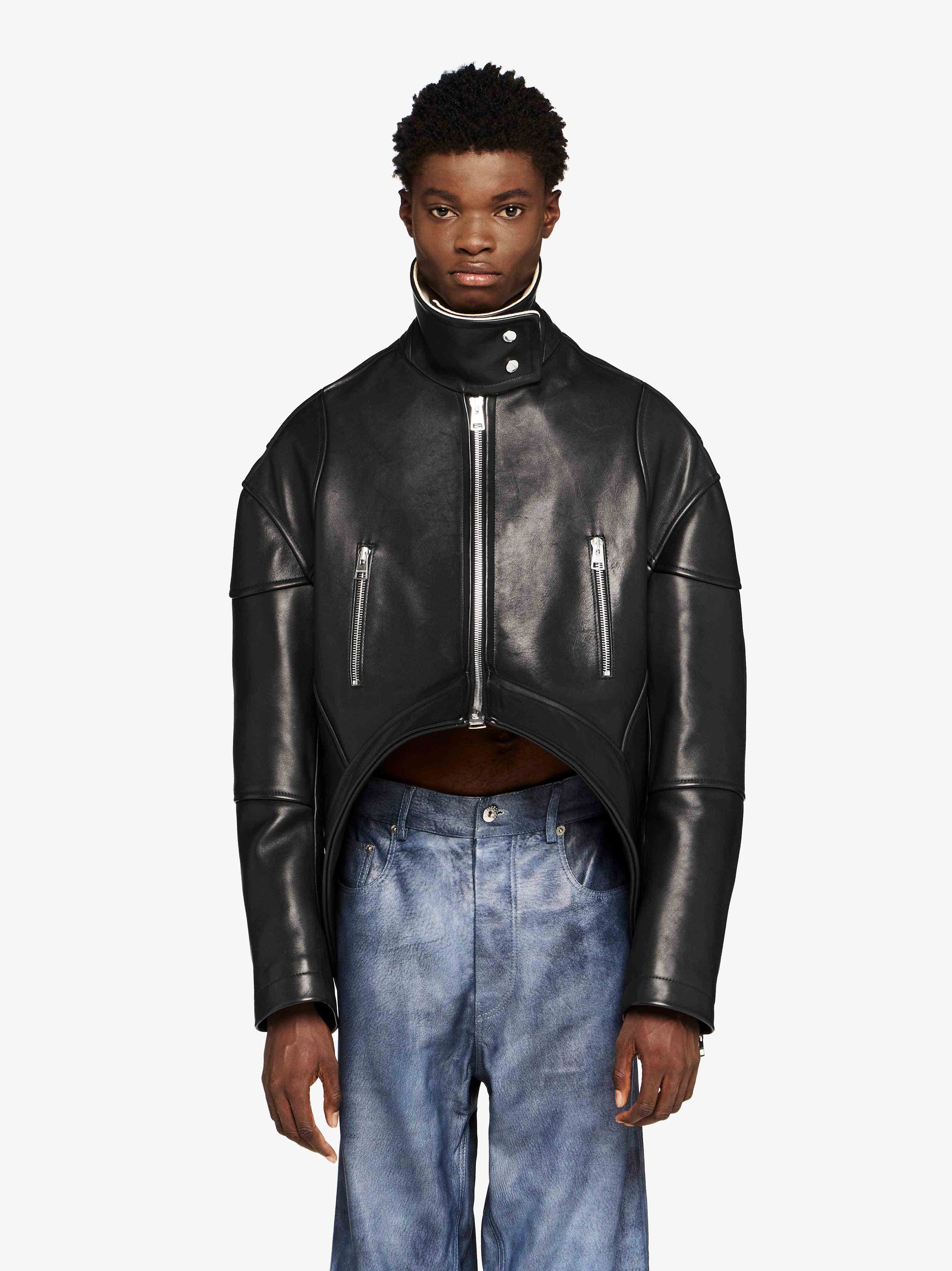 CURVED LEATHER HEM HIGH NECK JACKET