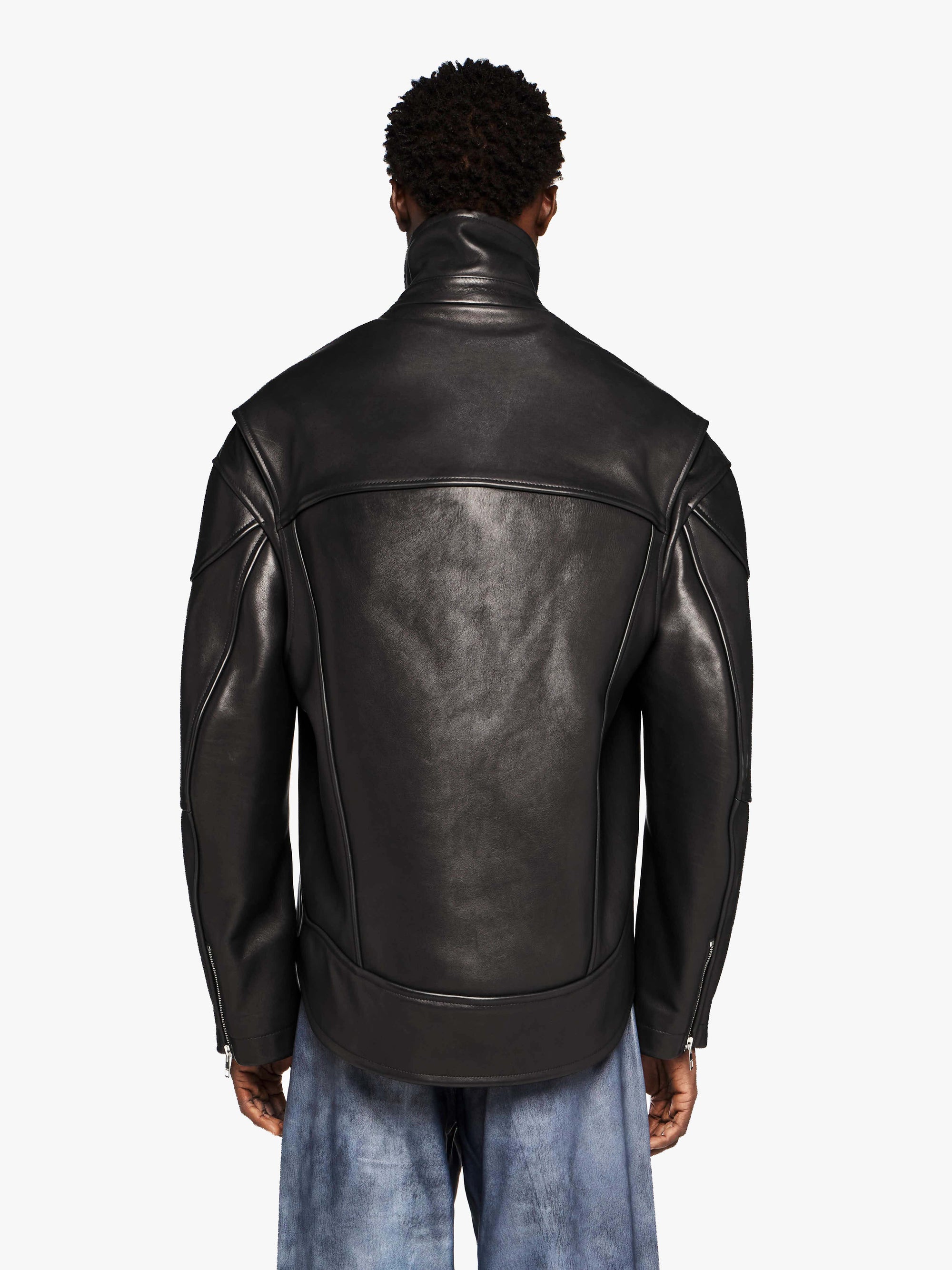 CURVED LEATHER HEM HIGH NECK JACKET