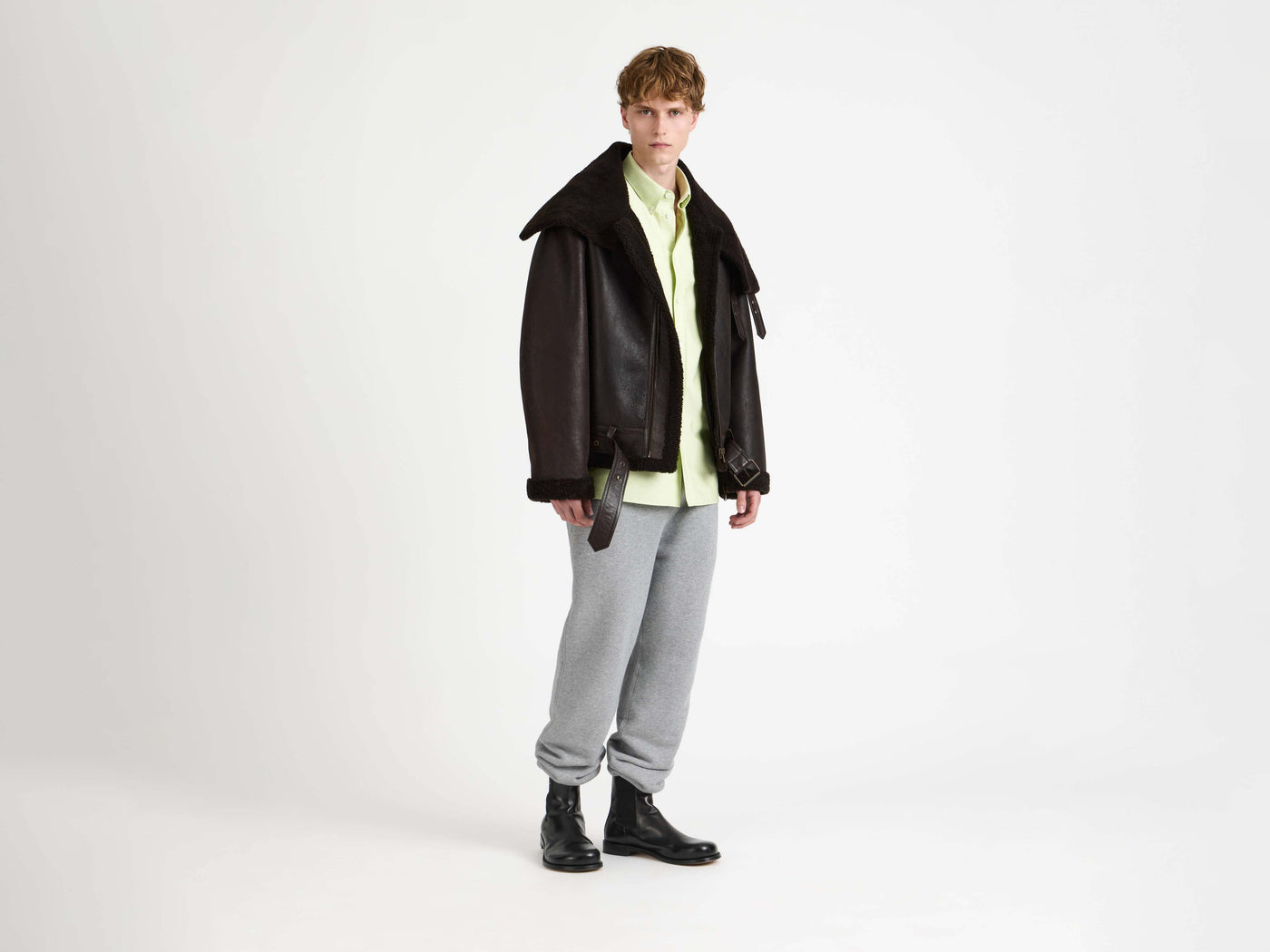 shearling jacket chocolate brown brown Model Front 3