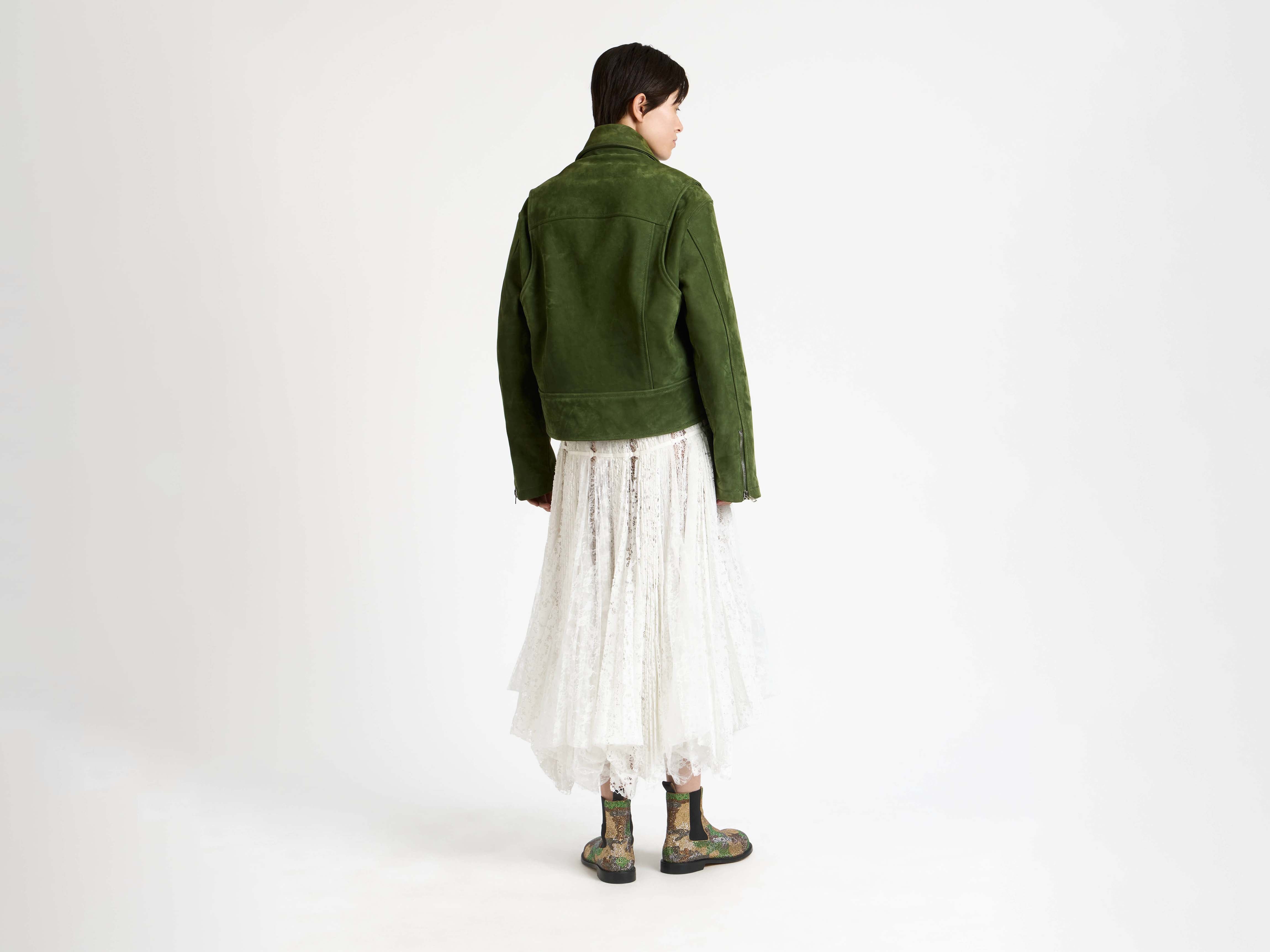 WOMENS CURVED HEM CROPPED BIKER JACKET IN KHAKI in KHAKI