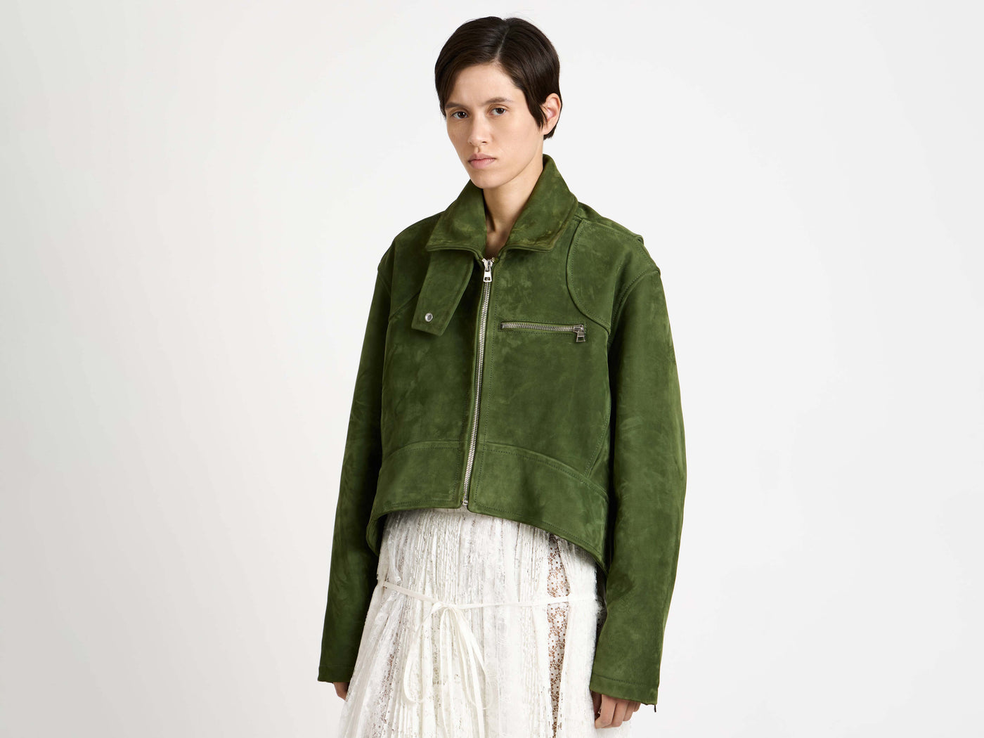 WOMENS CURVED HEM CROPPED BIKER JACKET IN KHAKI