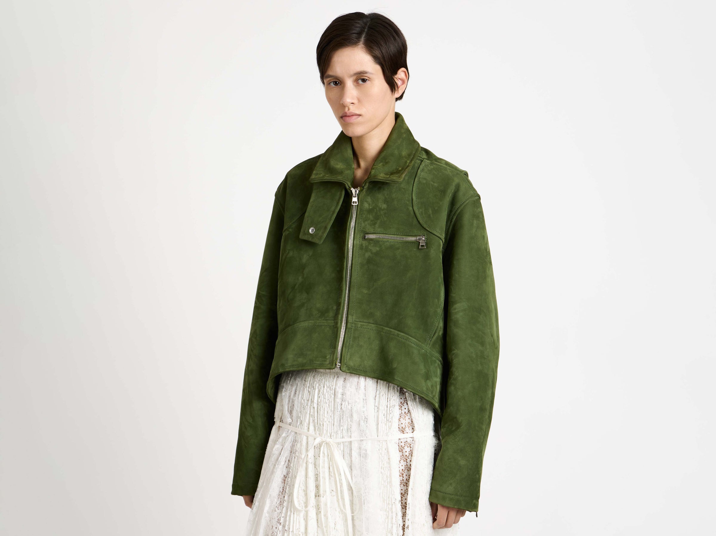 WOMENS CURVED HEM CROPPED BIKER JACKET IN KHAKI