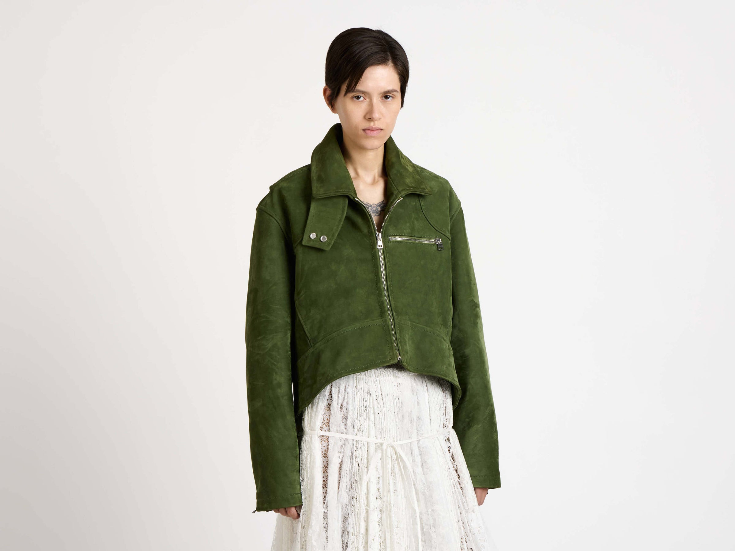 curved hem cropped biker jacket khaki Model Front 1