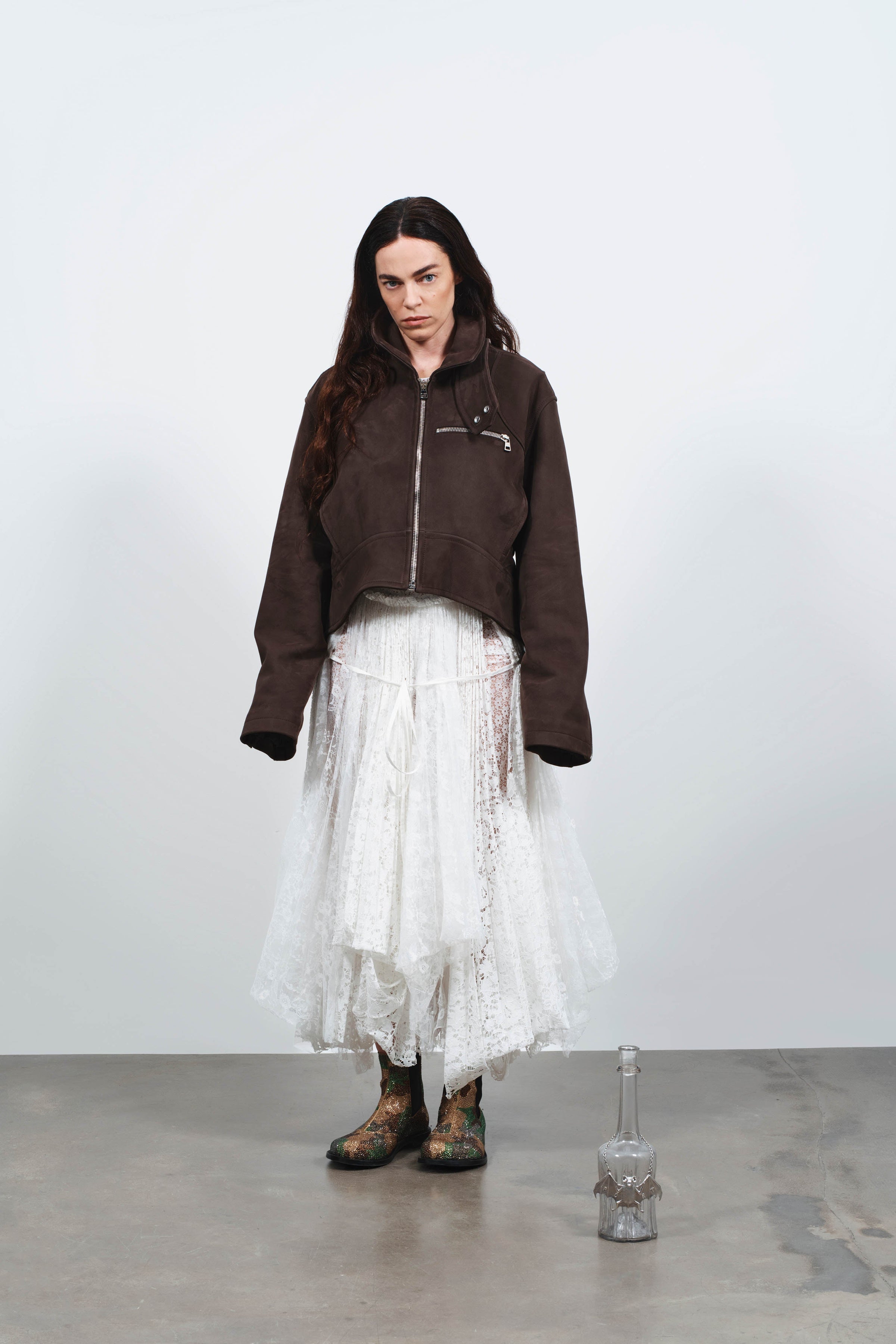curved hem cropped biker jacket brown Creative 1