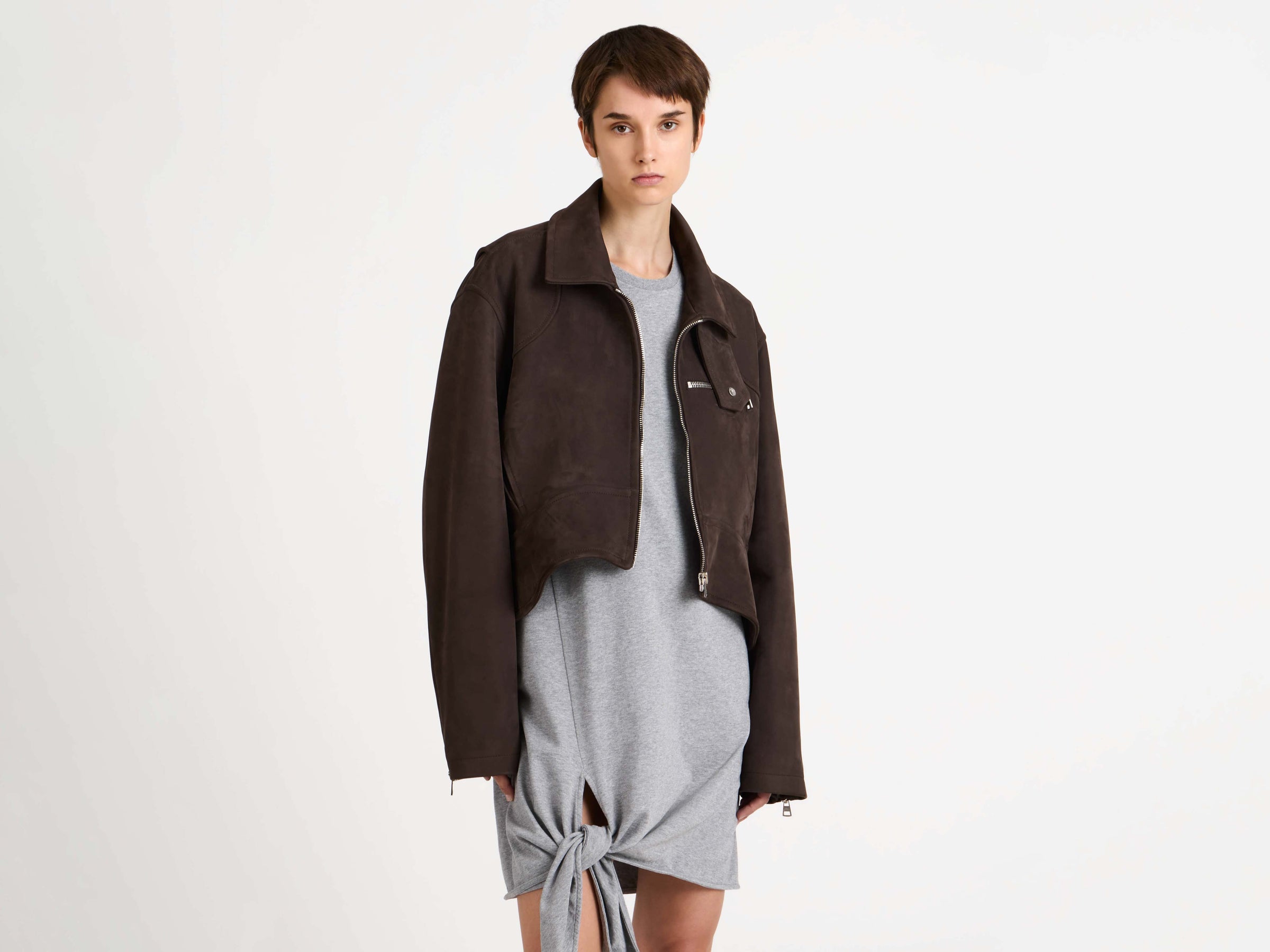 WOMENS CURVED HEM CROPPED BIKER JACKET IN BROWN