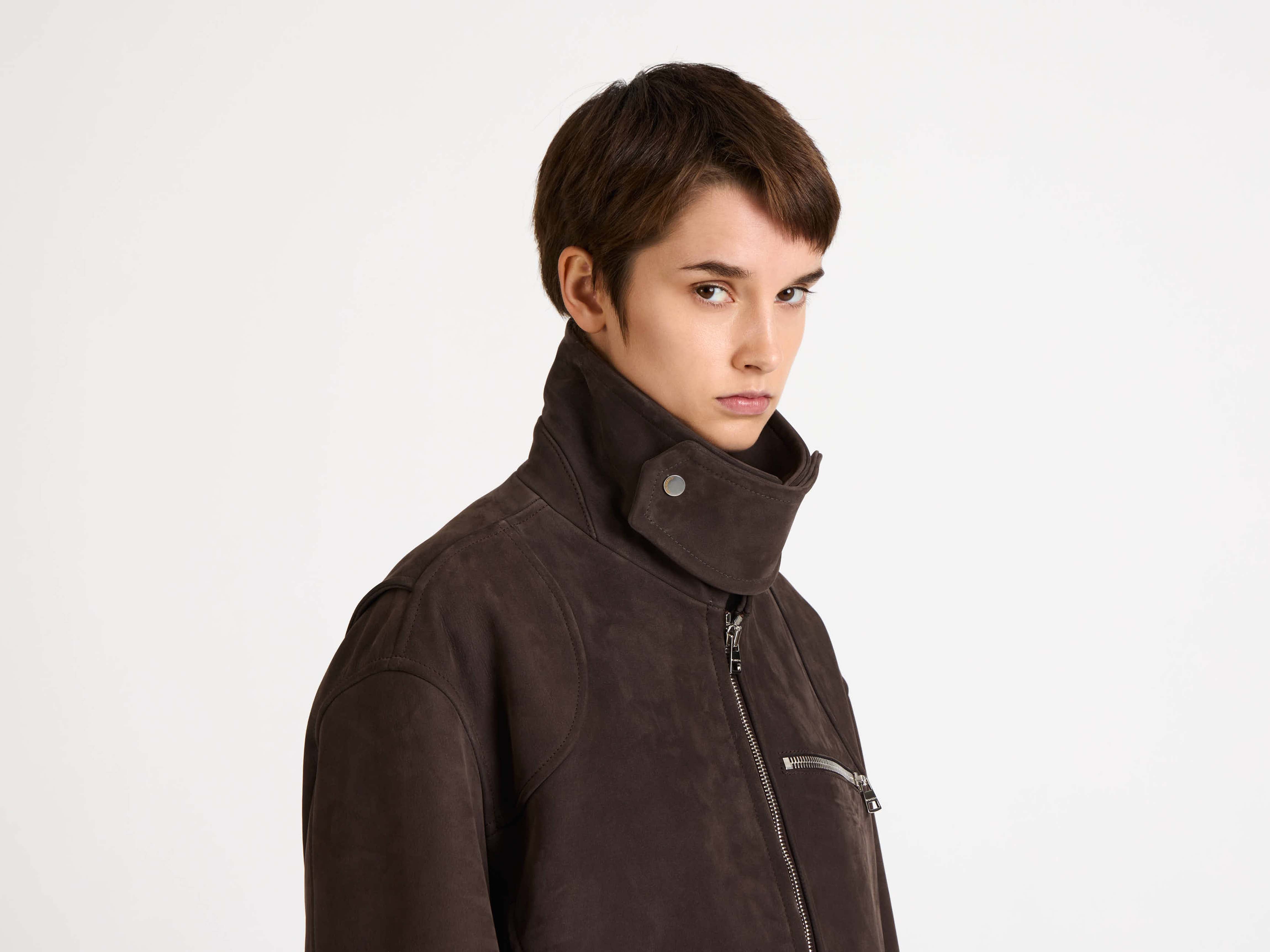 WOMENS CURVED HEM CROPPED BIKER JACKET IN BROWN in BROWN