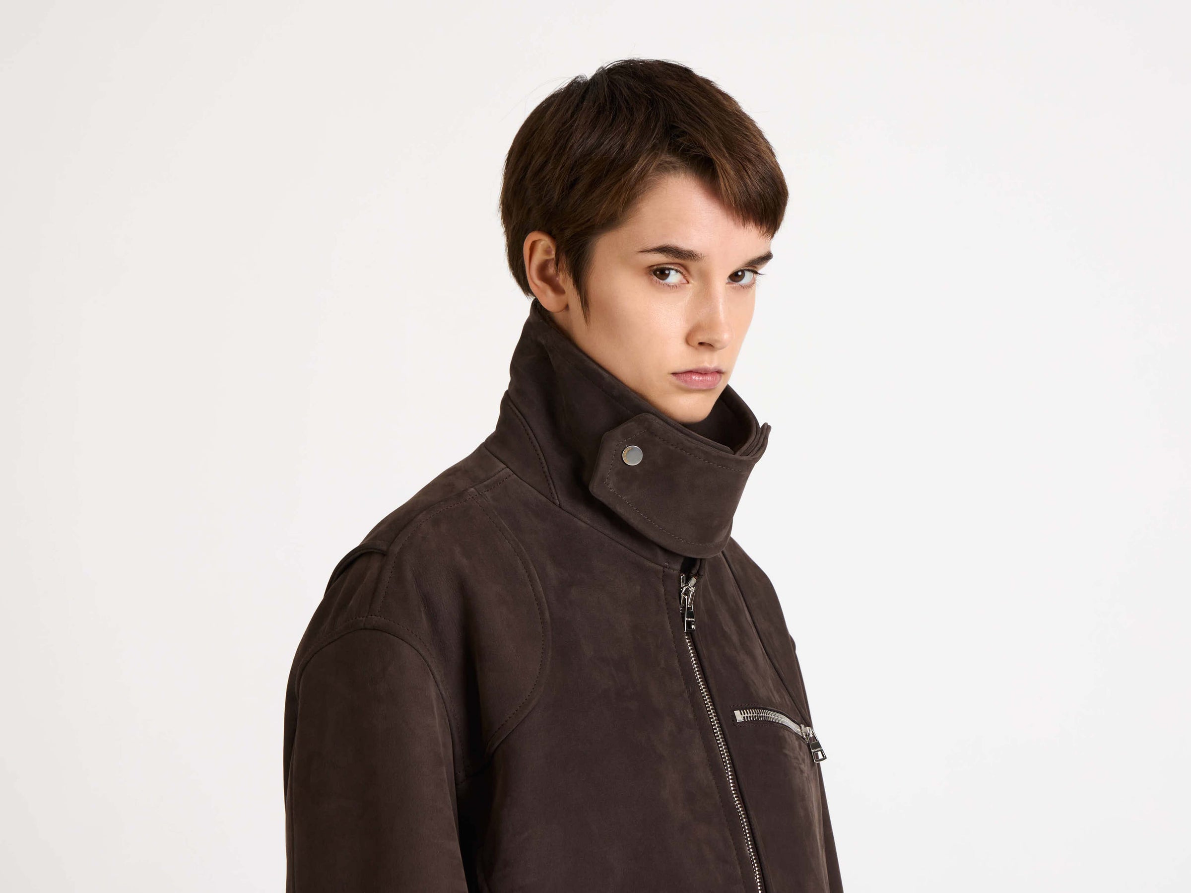 WOMENS CURVED HEM CROPPED BIKER JACKET IN BROWN