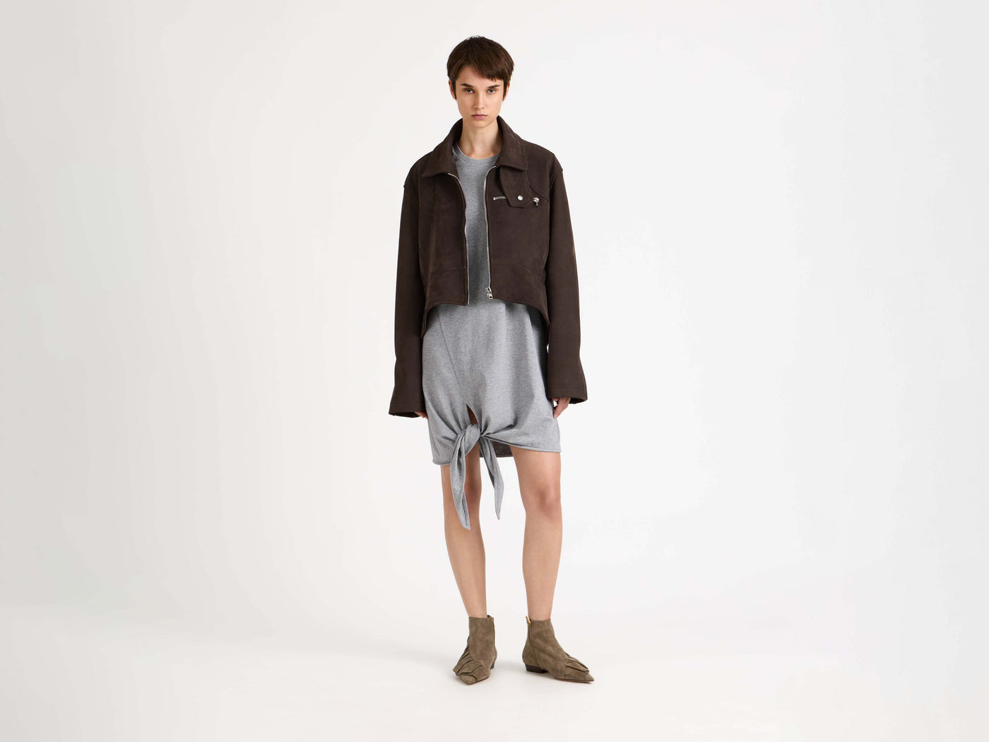 WOMENS CURVED HEM CROPPED BIKER JACKET IN BROWN