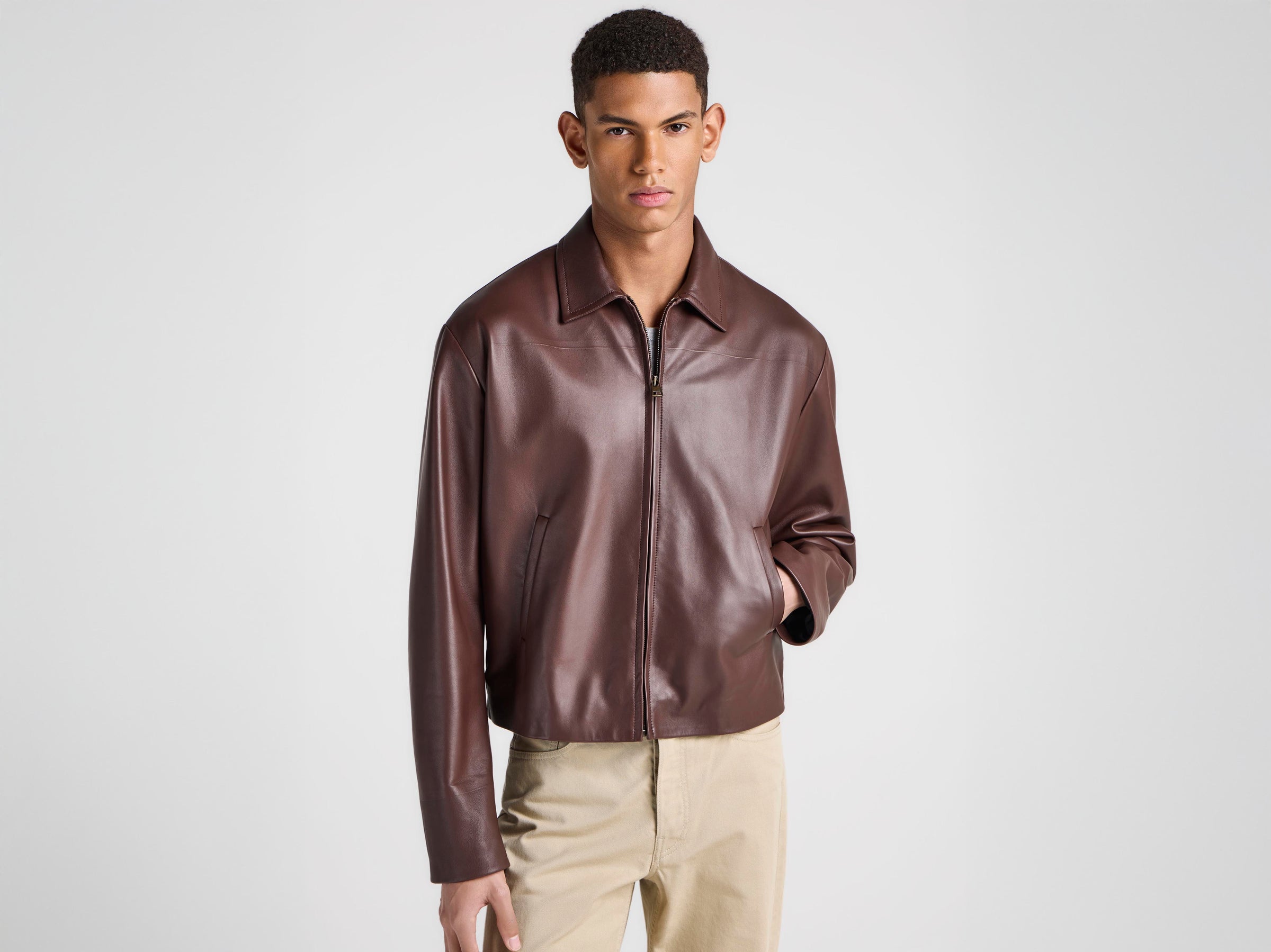 MENS BLOUSON LEATHER JACKET IN CHOCOLATE BROWN