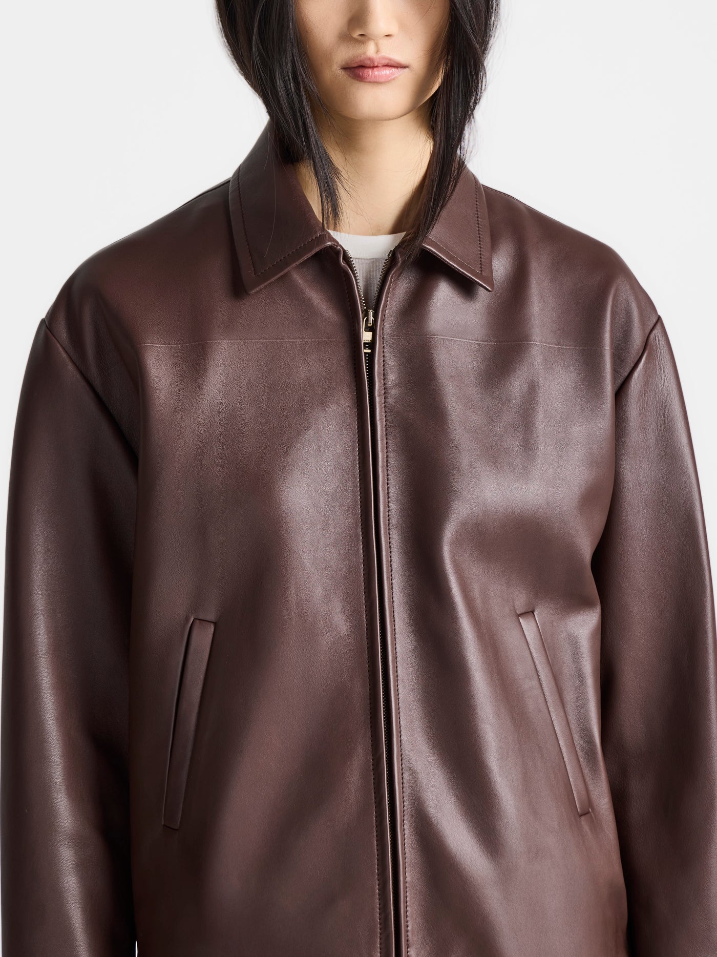 WOMENS BLOUSON LEATHER JACKET IN CHOCOLATE BROWN