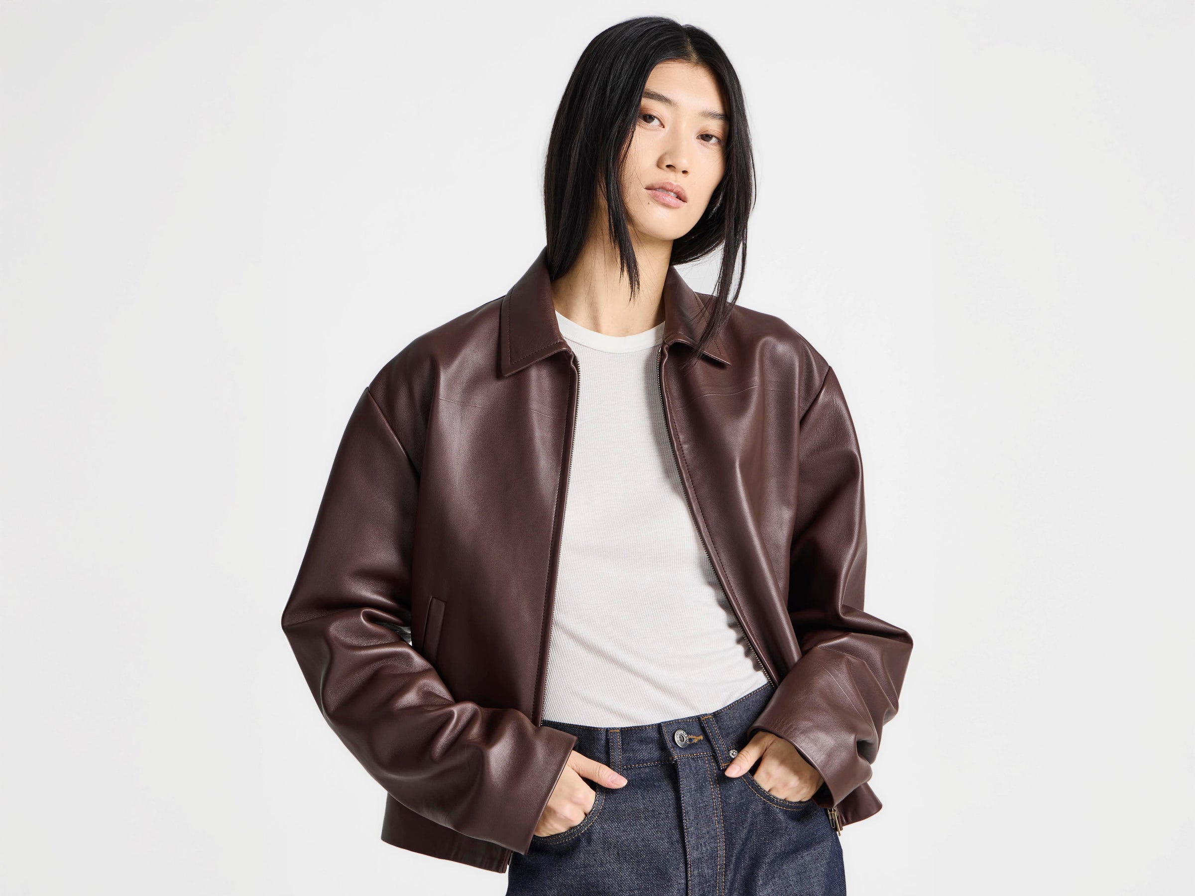 WOMENS BLOUSON LEATHER JACKET IN CHOCOLATE BROWN