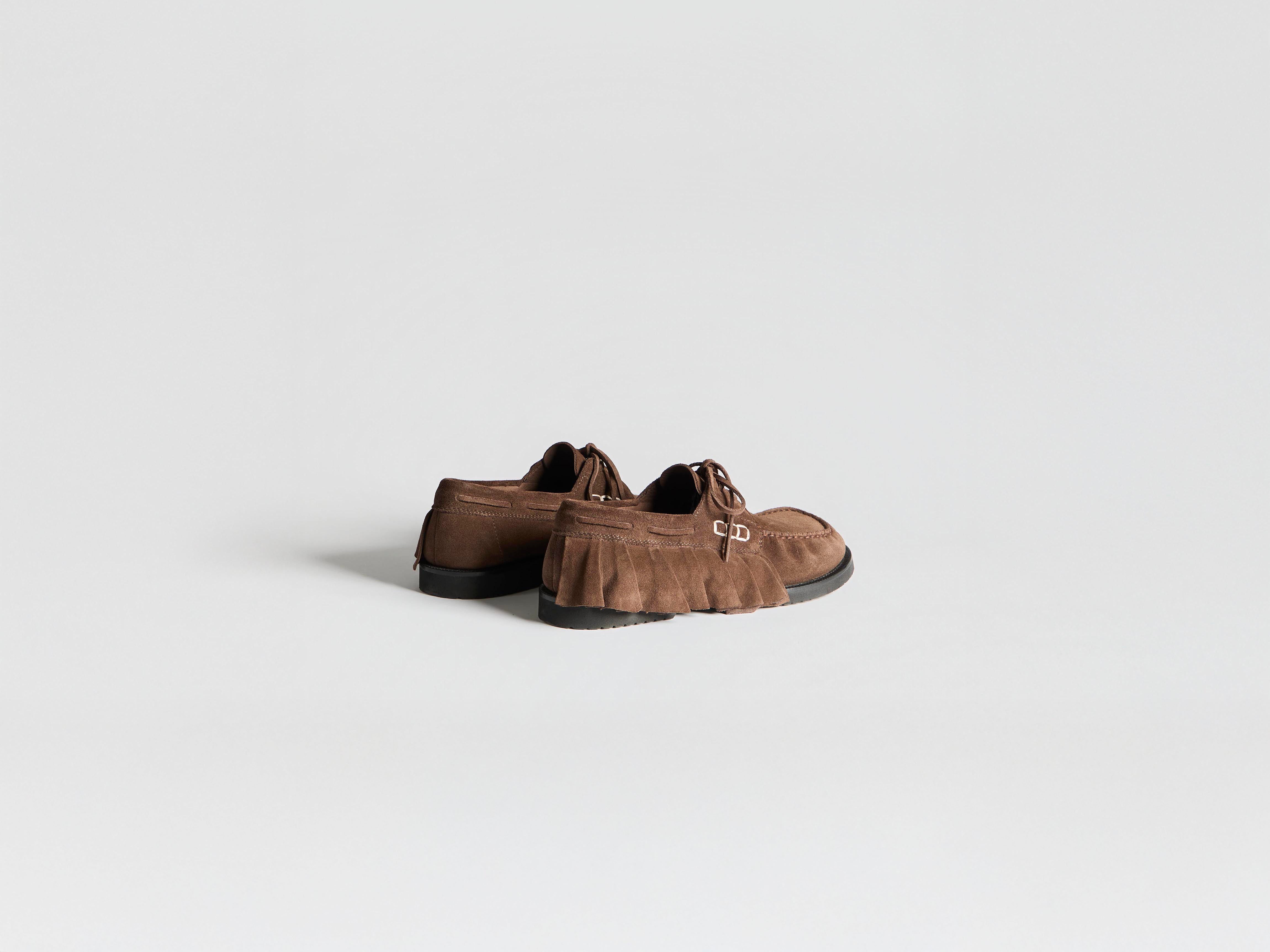 WOMENS LOAFER RUFFLE SUEDE BOAT SHOES IN CHOCOLATE BROWN in