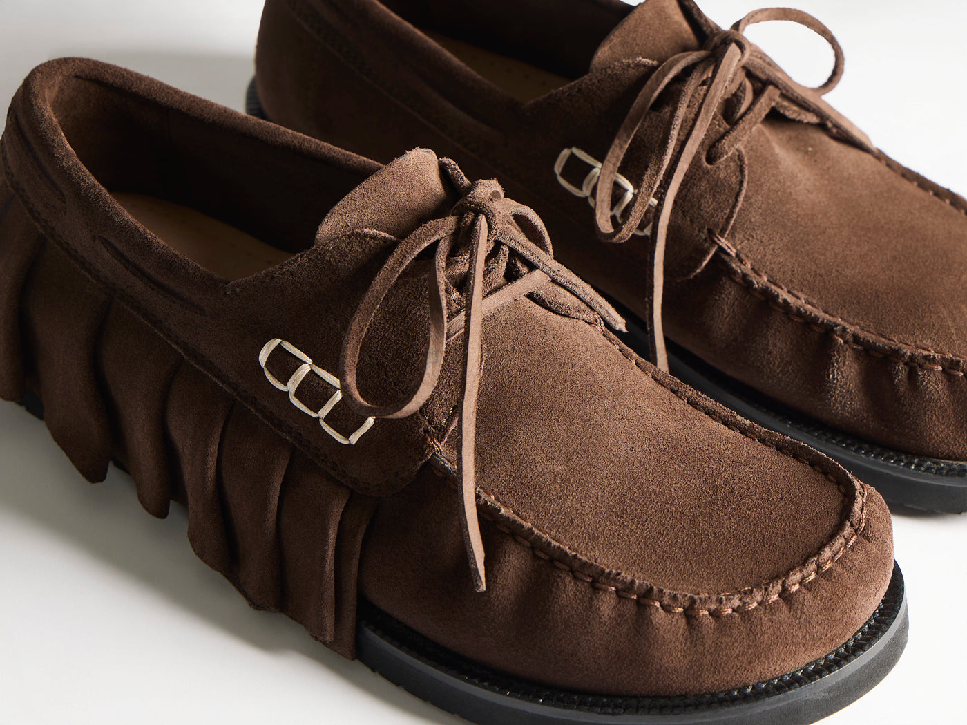 WOMENS LOAFER RUFFLE SUEDE BOAT SHOES IN CHOCOLATE BROWN