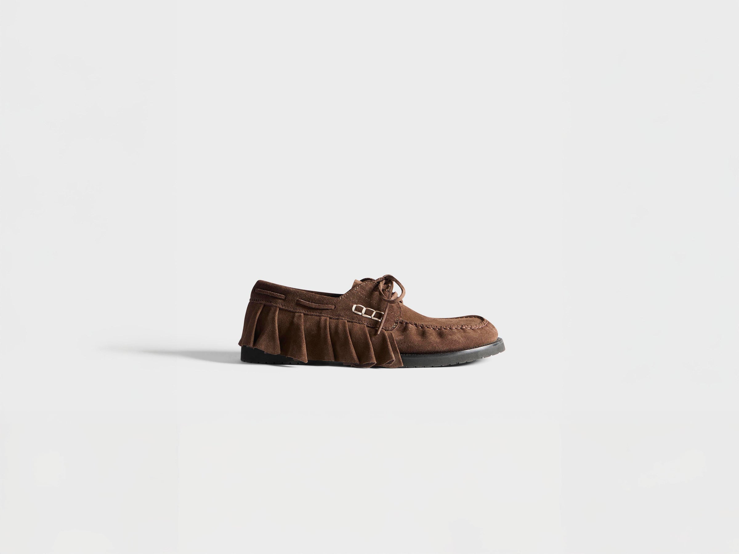 WOMENS LOAFER RUFFLE SUEDE BOAT SHOES IN CHOCOLATE BROWN