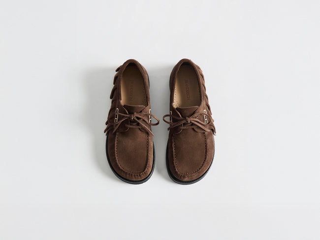 WOMENS LOAFER RUFFLE SUEDE BOAT SHOES IN CHOCOLATE BROWN