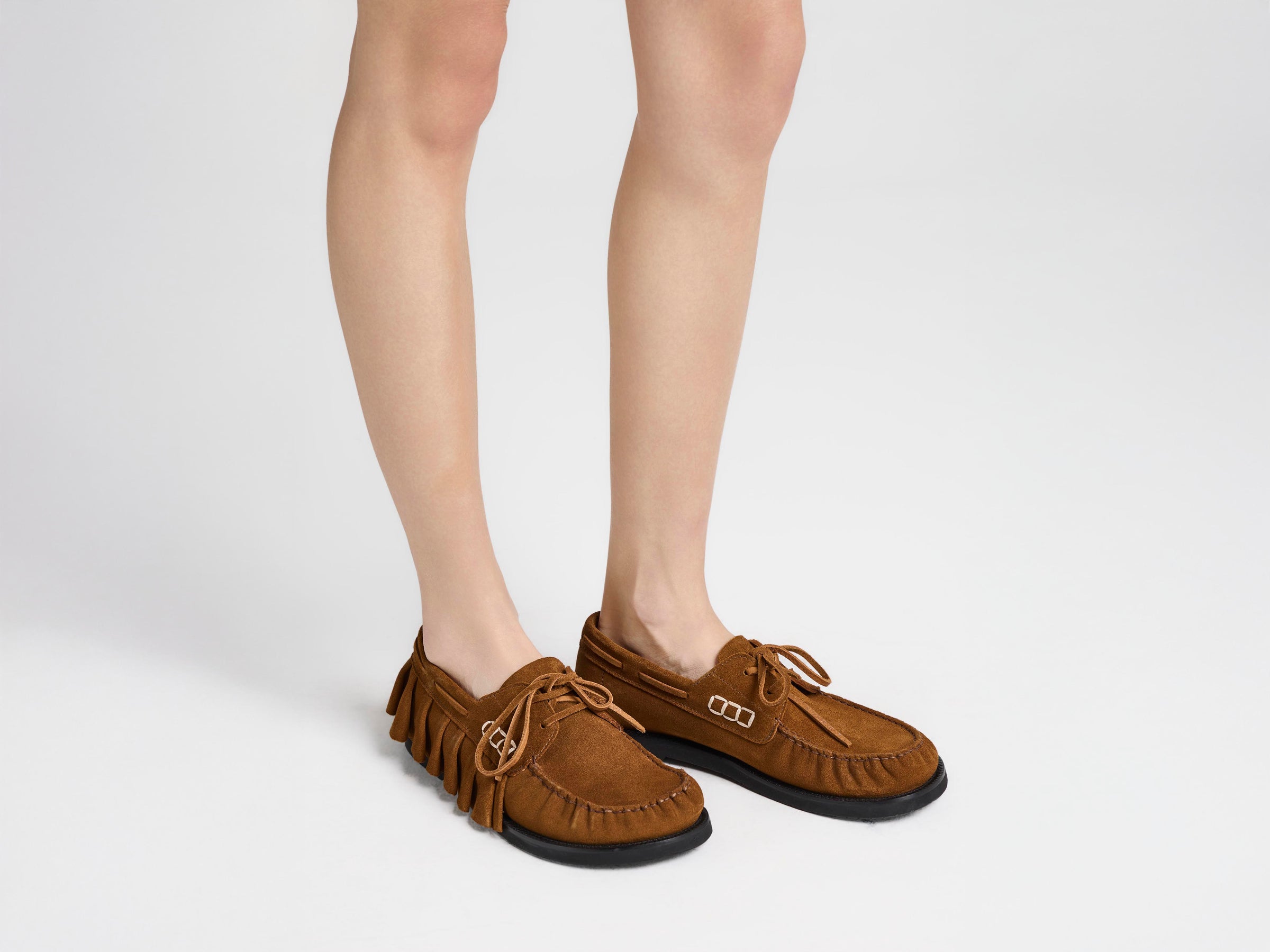 WOMENS LOAFER RUFFLE SUEDE BOAT SHOES IN CARAMEL
