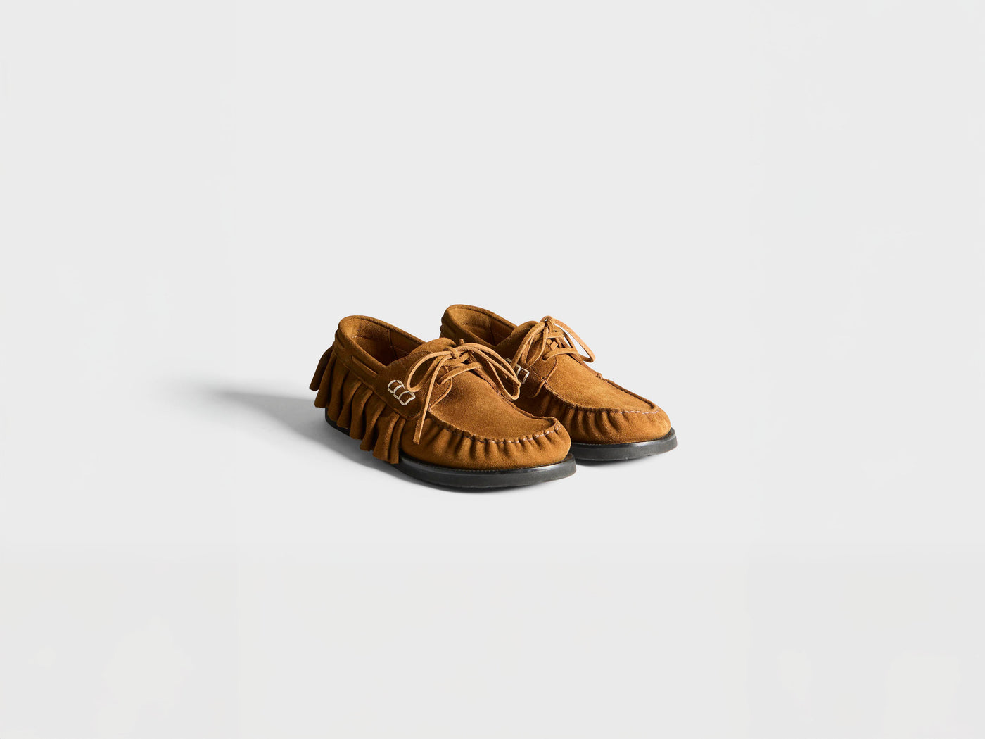WOMENS LOAFER RUFFLE SUEDE BOAT SHOES IN CARAMEL