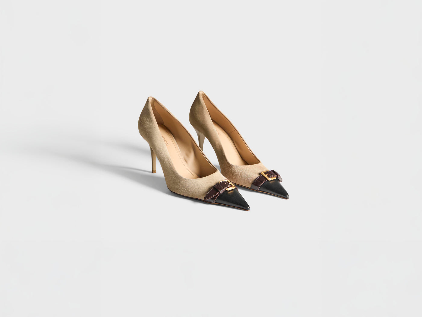 WOMENS HEELED BUCKLE SLING BACK IN TAUPE & BLACK