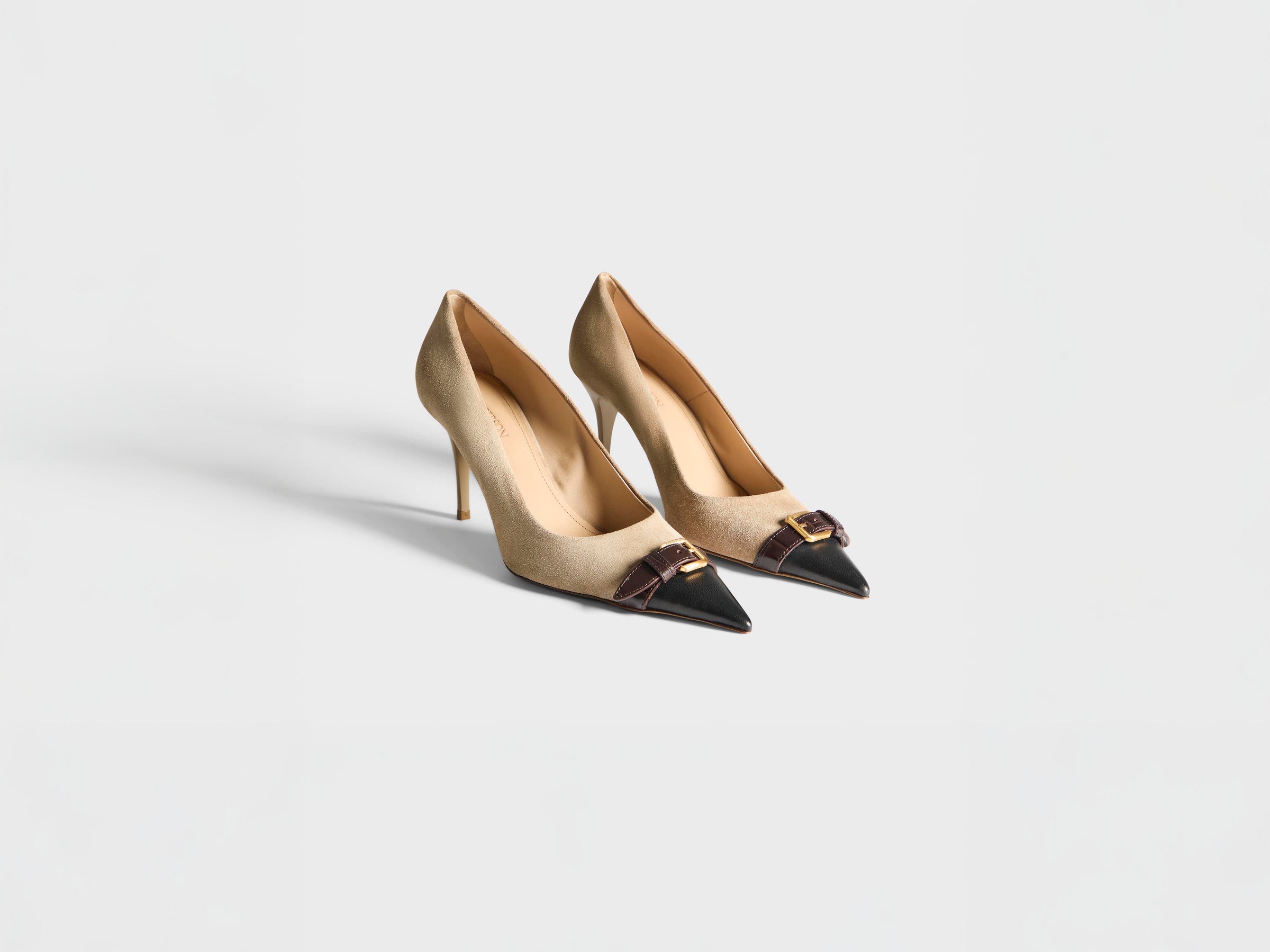WOMENS HEELED BUCKLE SLING BACK IN TAUPE & BLACK