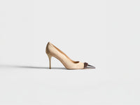 WOMENS HEELED BUCKLE SLING BACK IN TAUPE & BLACK