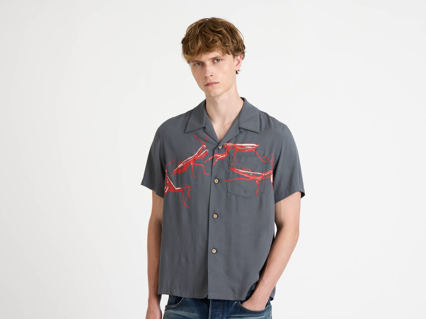 short sleeve camp collar shirt steel Model Detail 1
