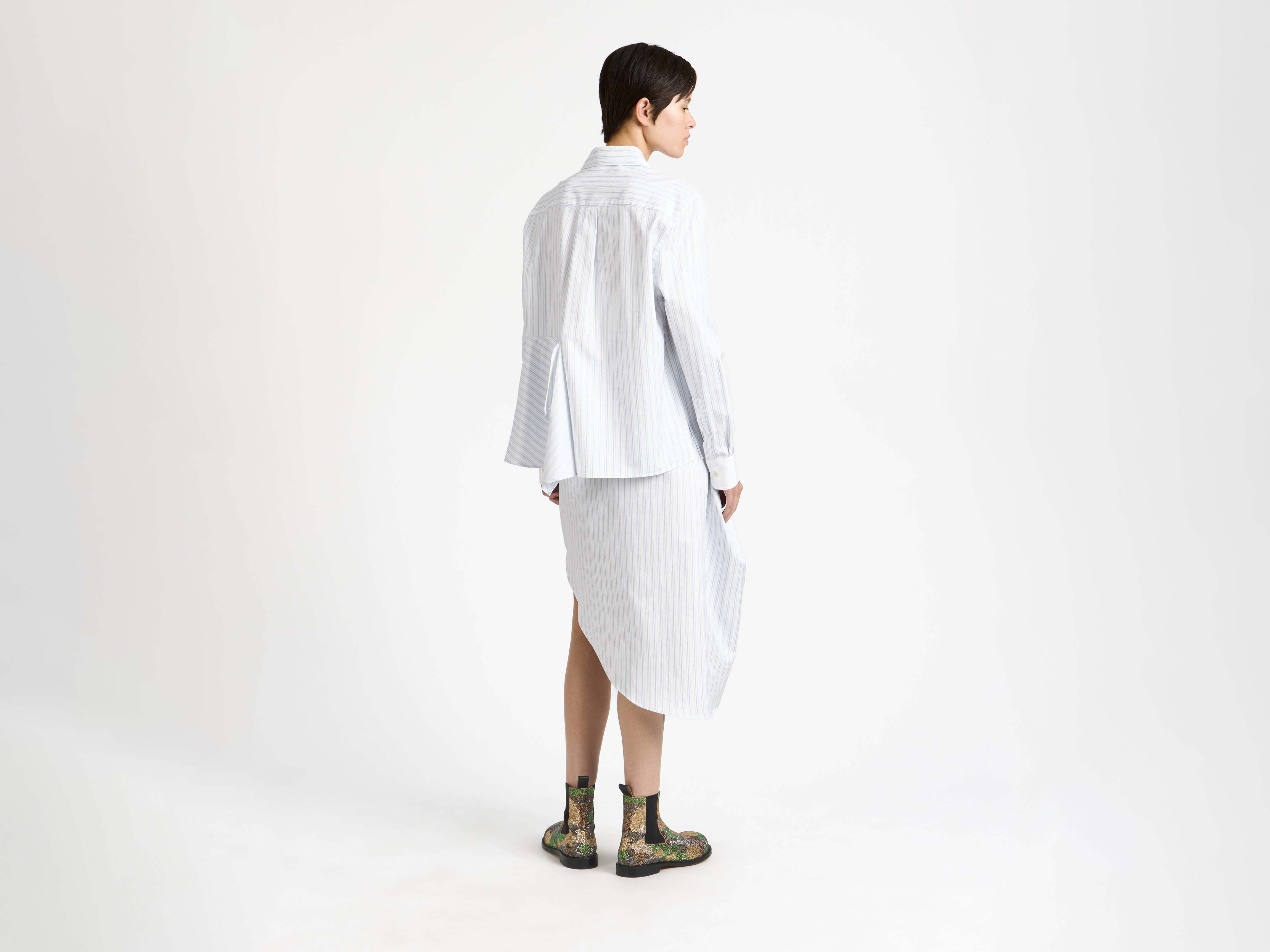 WOMENS ASYMMETRIC DRAPED SHIRT IN WHITE & BLUE in WHITE/BLUE