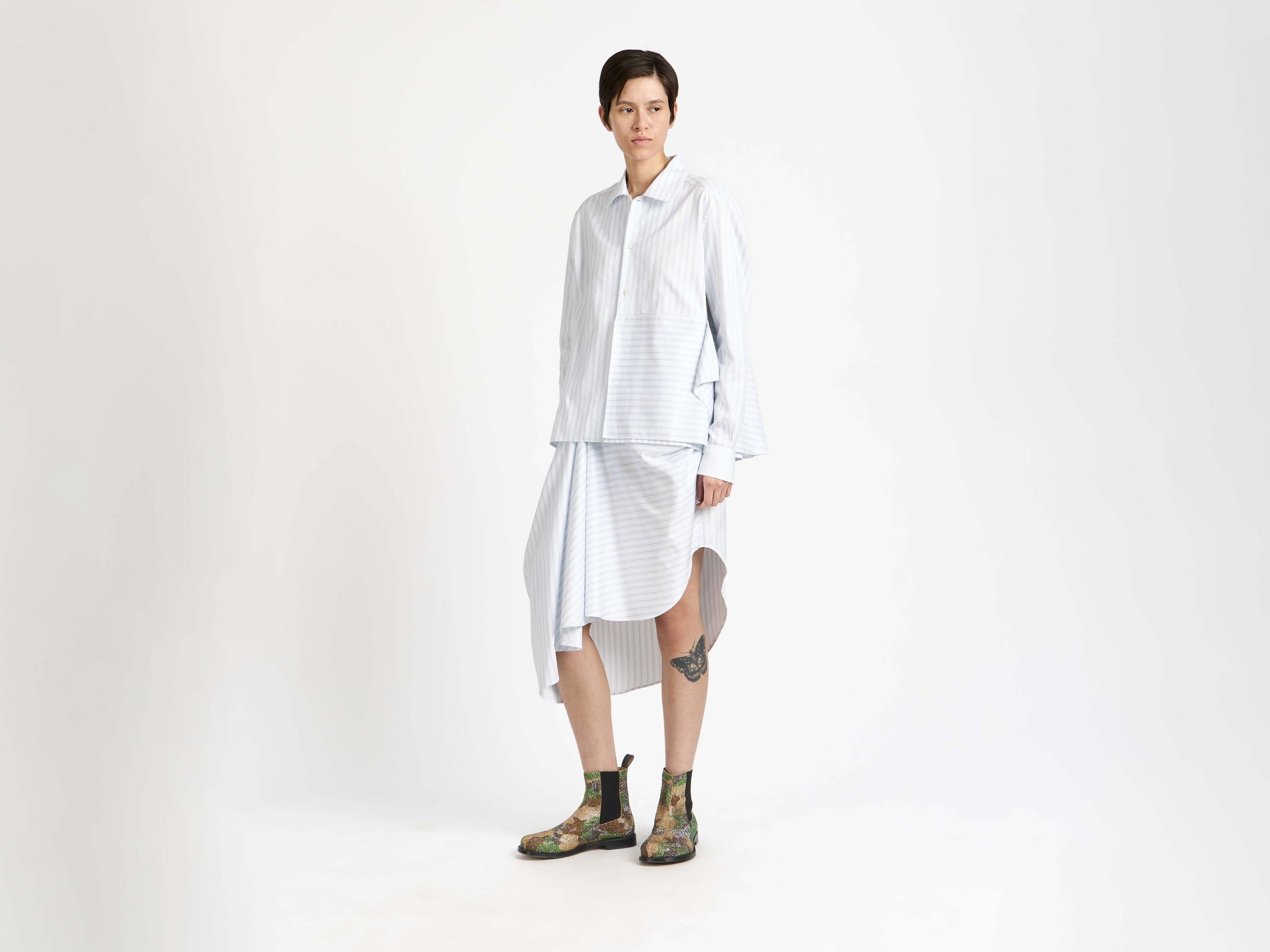 asymmetric draped shirt white blue Model Front 5