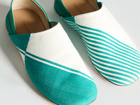 MENS LEATHER SLIPPER MULES IN GREEN & CREAM