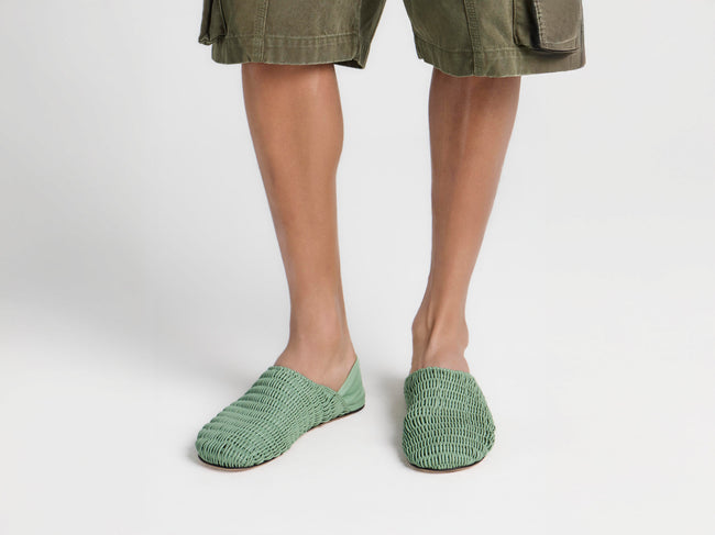 MENS SLIPPER MULES IN SAGE-GREEN WOVEN LEATHER