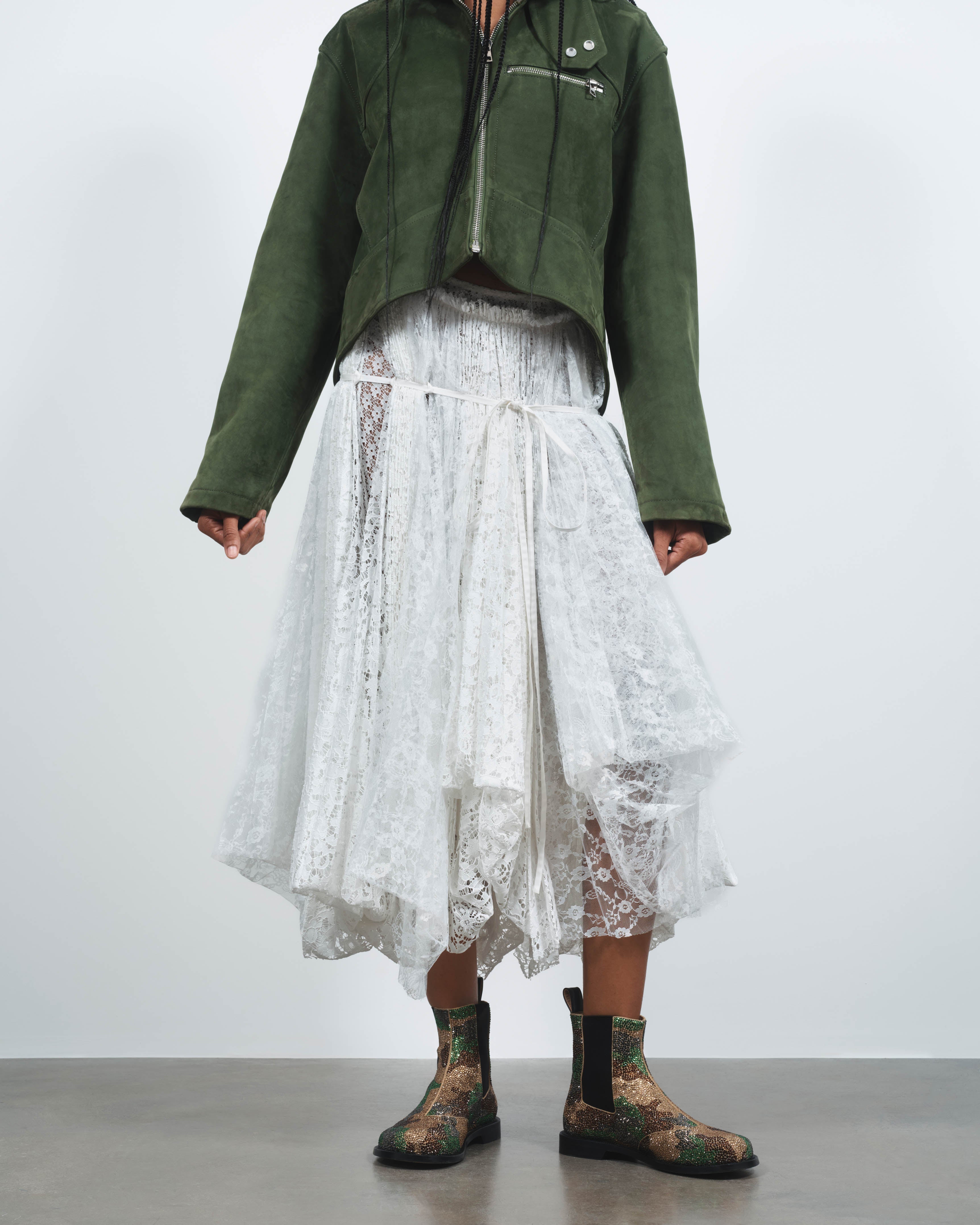 WOMENS MIXED LACE LONGLINE SKIRT IN WHITE in WHITE