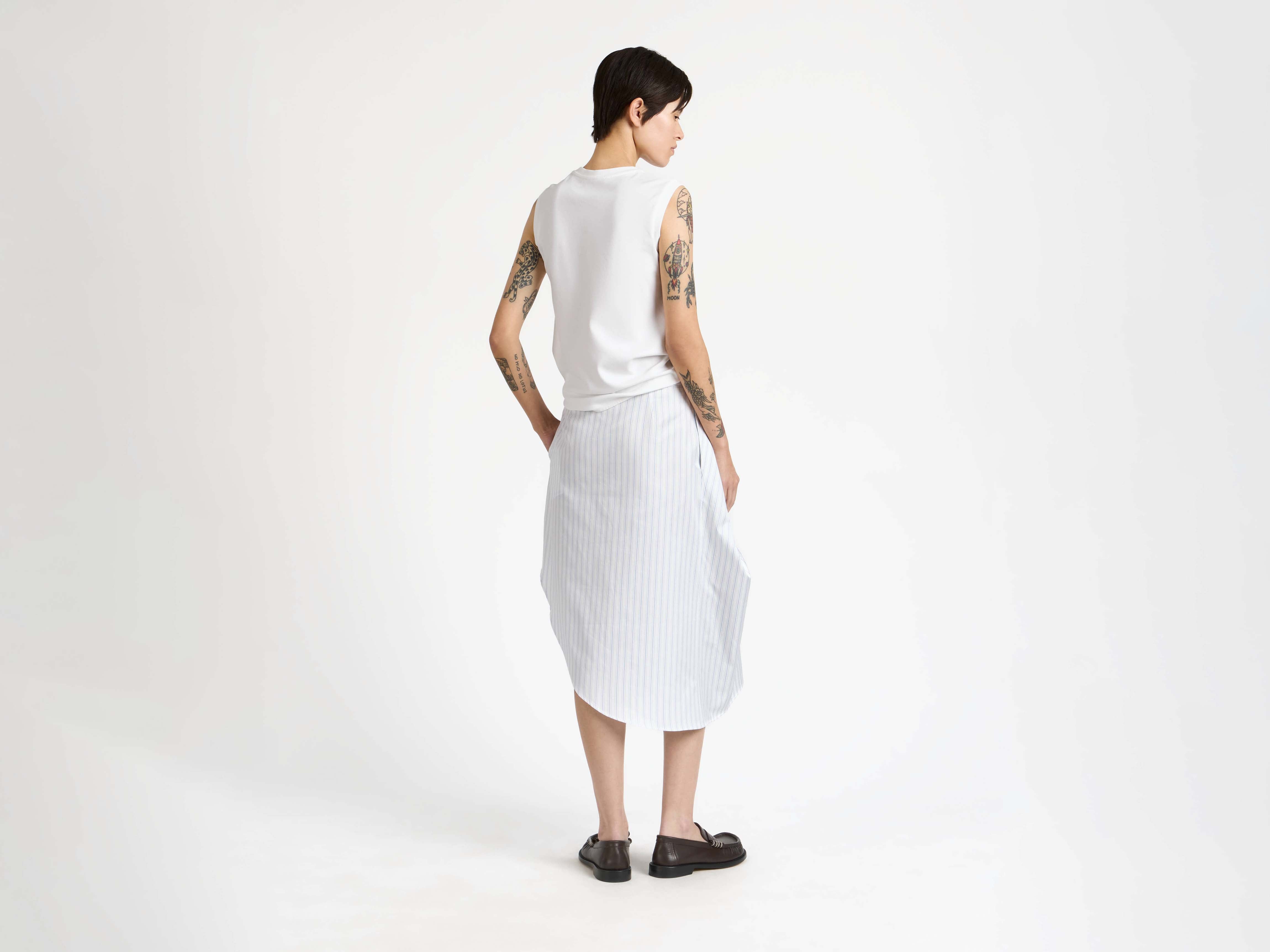 WOMENS ASYMMETRIC DRAPED SKIRT IN WHITE & BLUE in WHITE/BLUE
