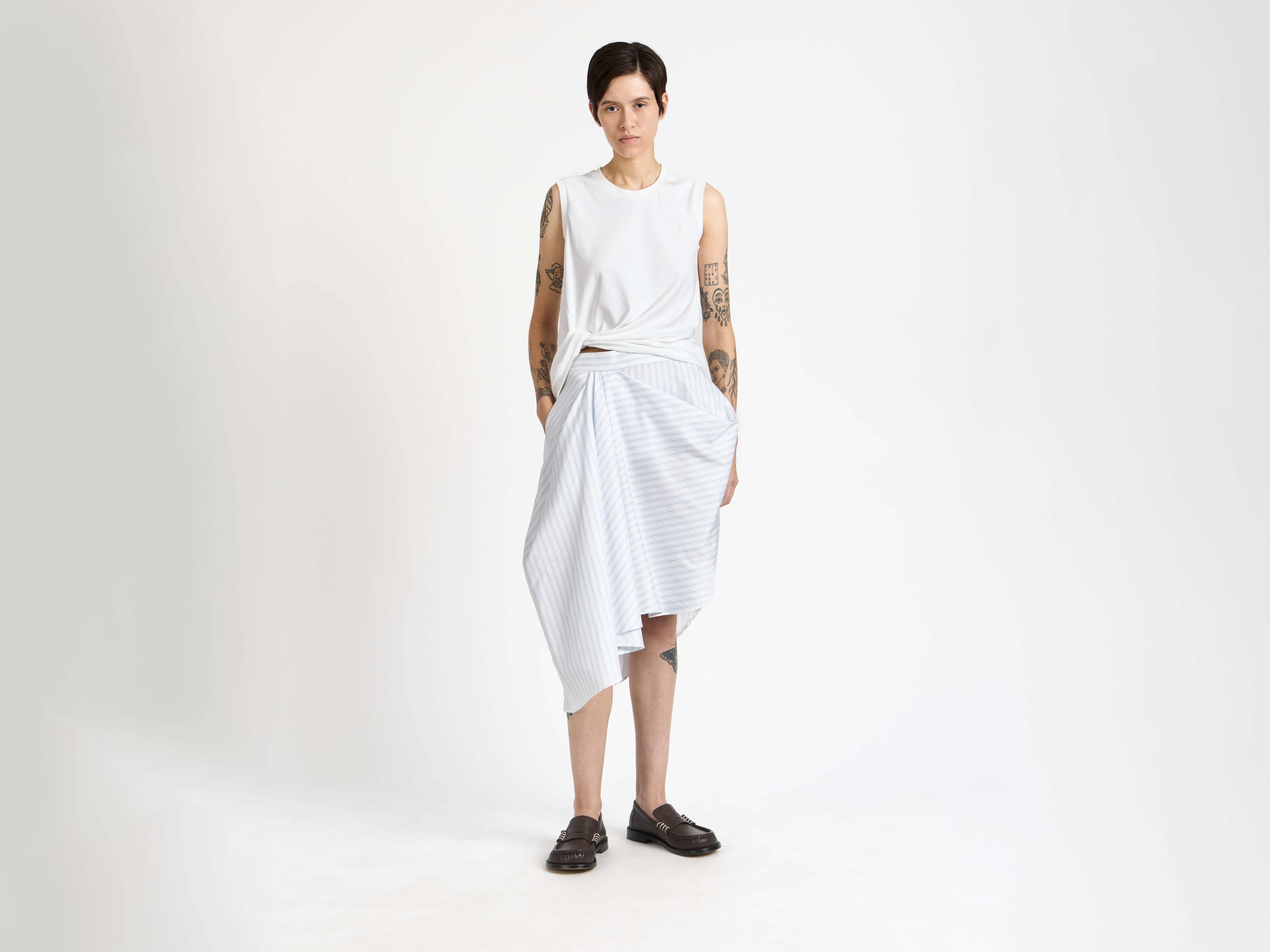 WOMENS ASYMMETRIC DRAPED SKIRT IN WHITE & BLUE in WHITE/BLUE